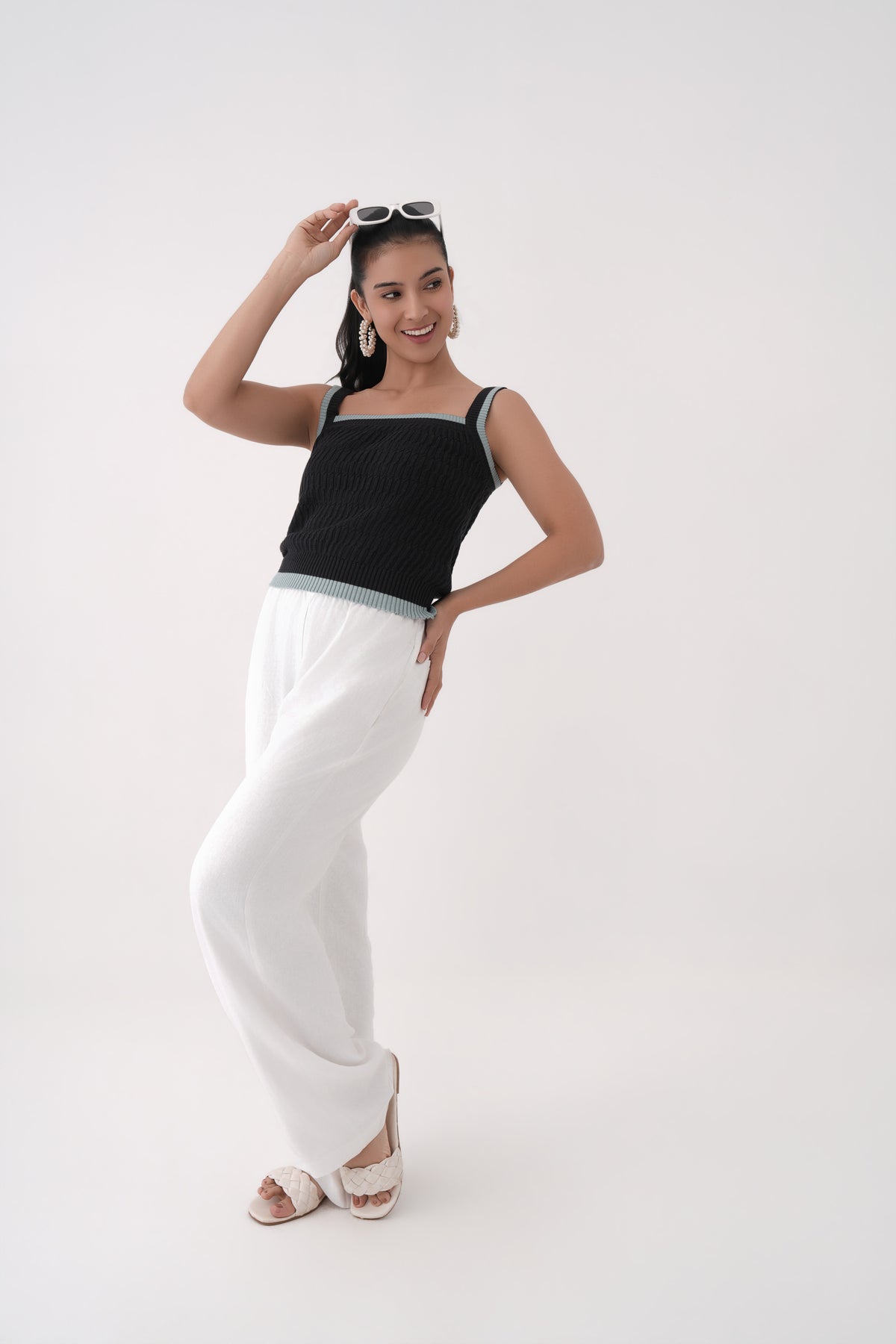 black square neck cable knit tank top
