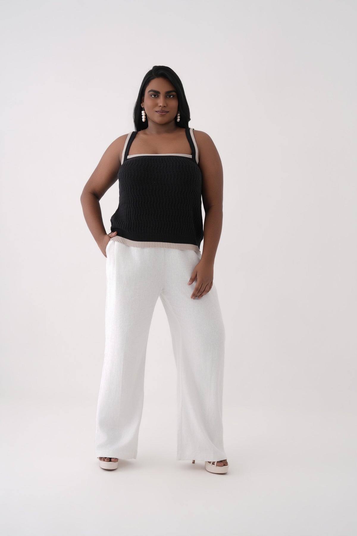 black square neck cable knit tank top