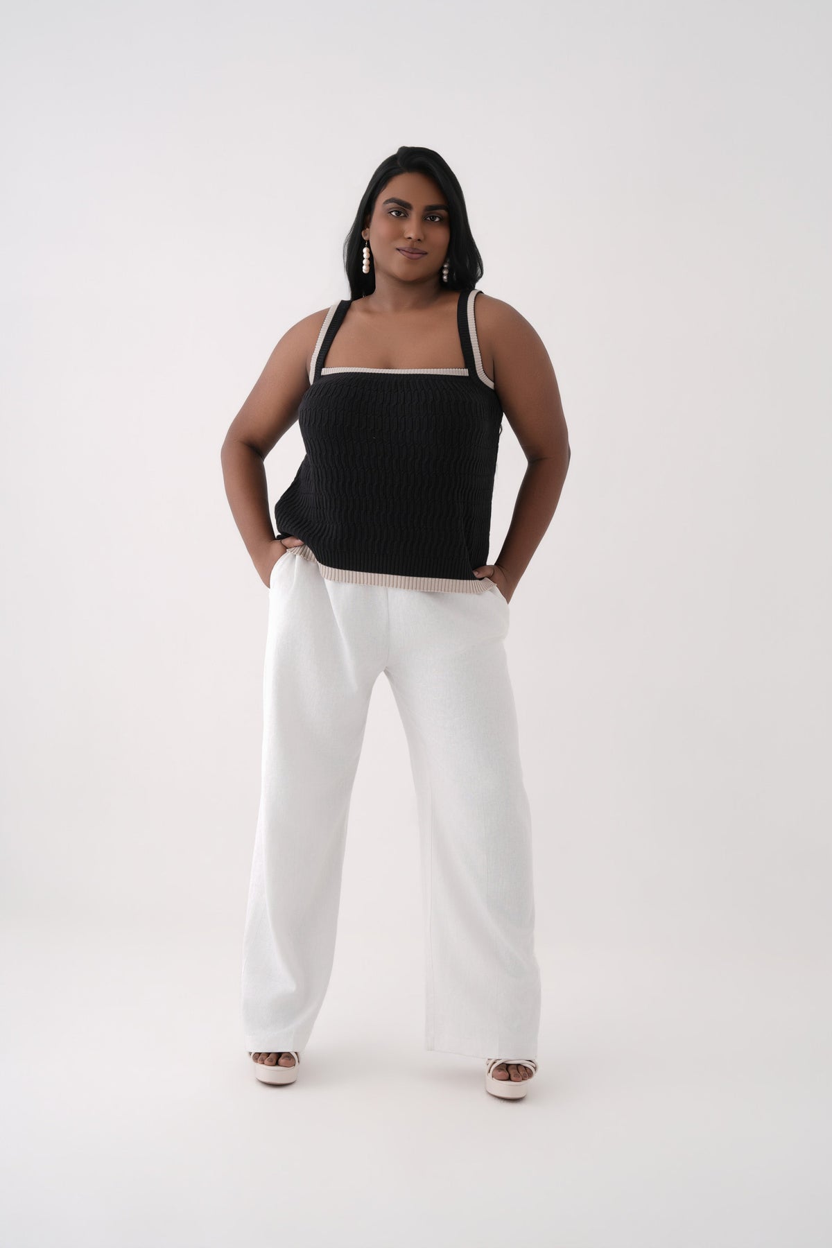 black square neck cable knit tank top