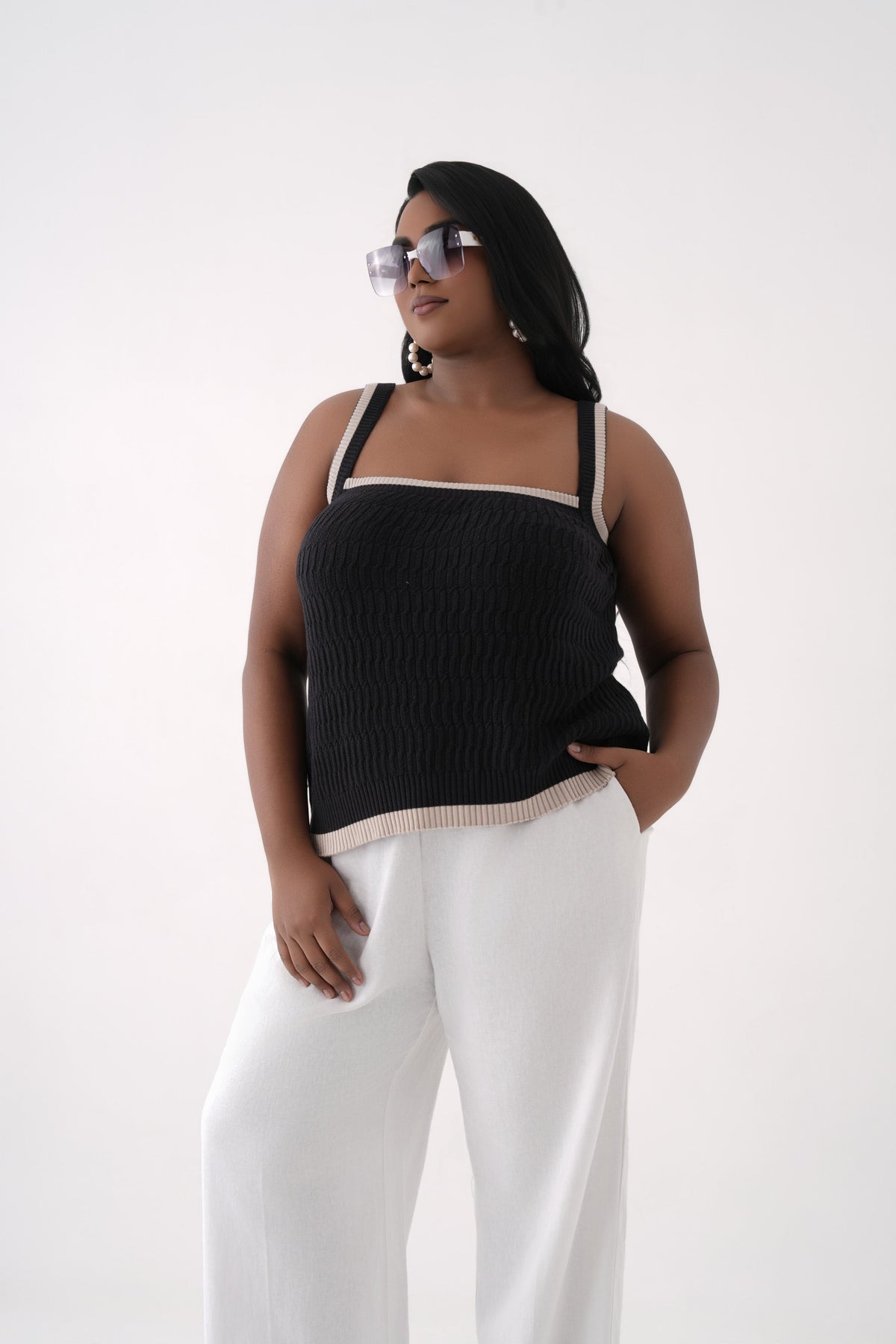 black square neck cable knit tank top