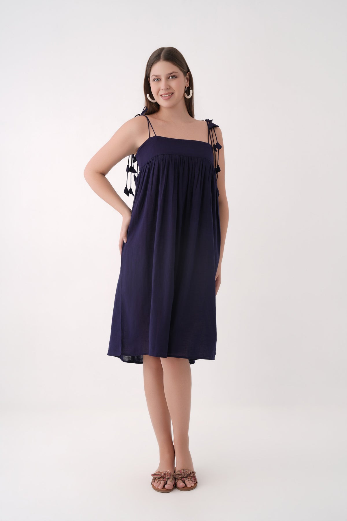 Women navy Blue Tassel Strap Gathered Cotton Midi Dress