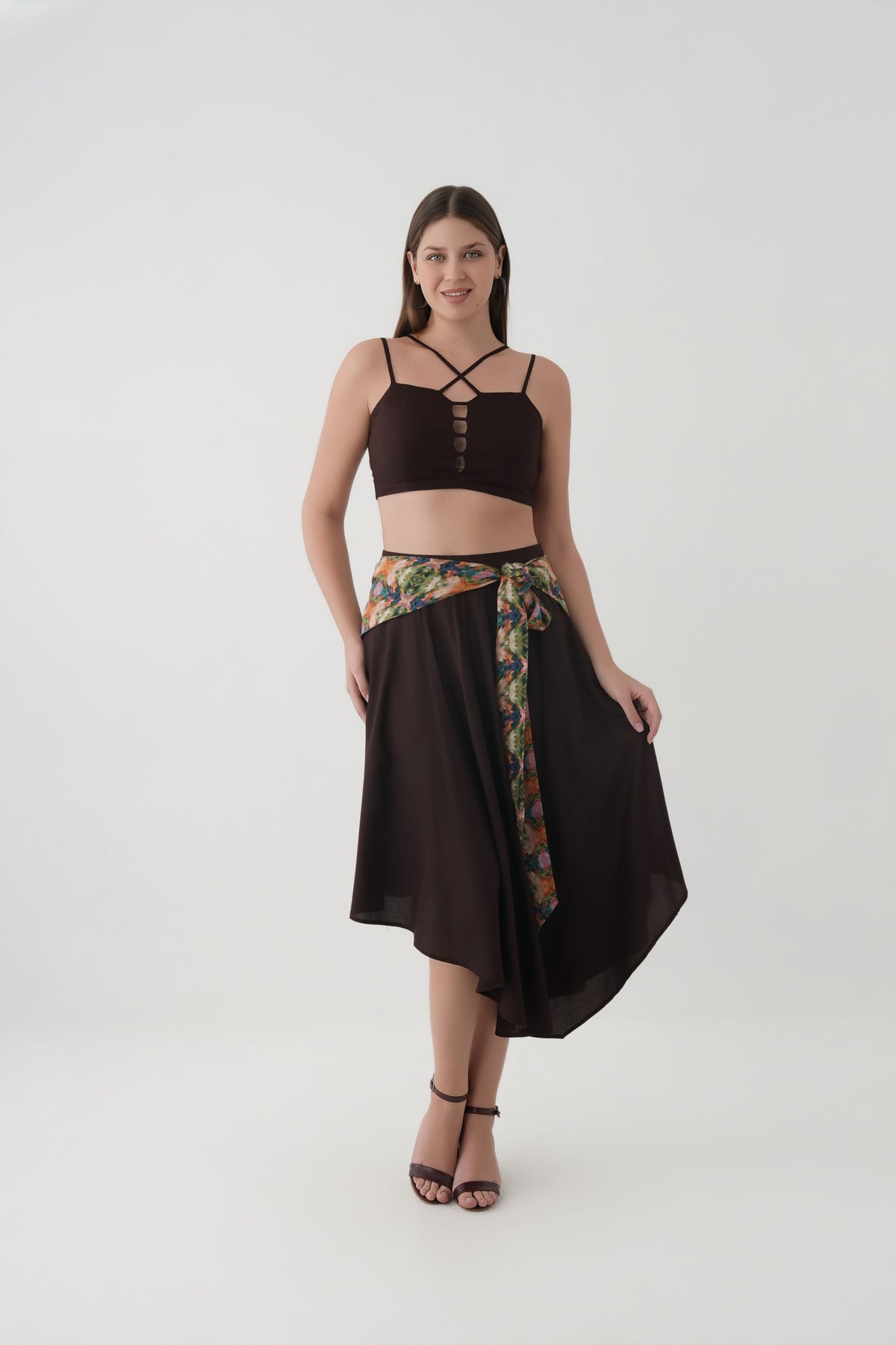 Coffee Bean Asymmetric Modal Scarf Tie Skirt with crossover strap crop blouse co-ord set