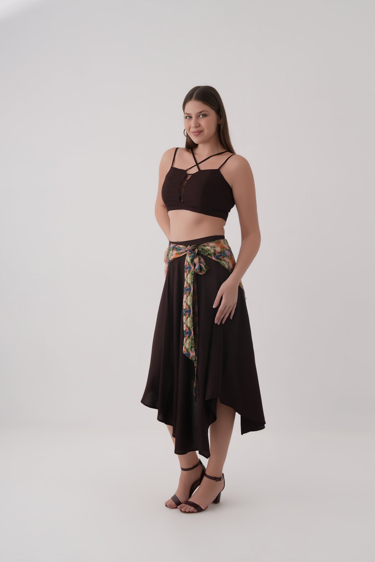 Coffee Bean Asymmetric Modal Scarf Tie Skirt with crossover strap crop blouse co-ord set