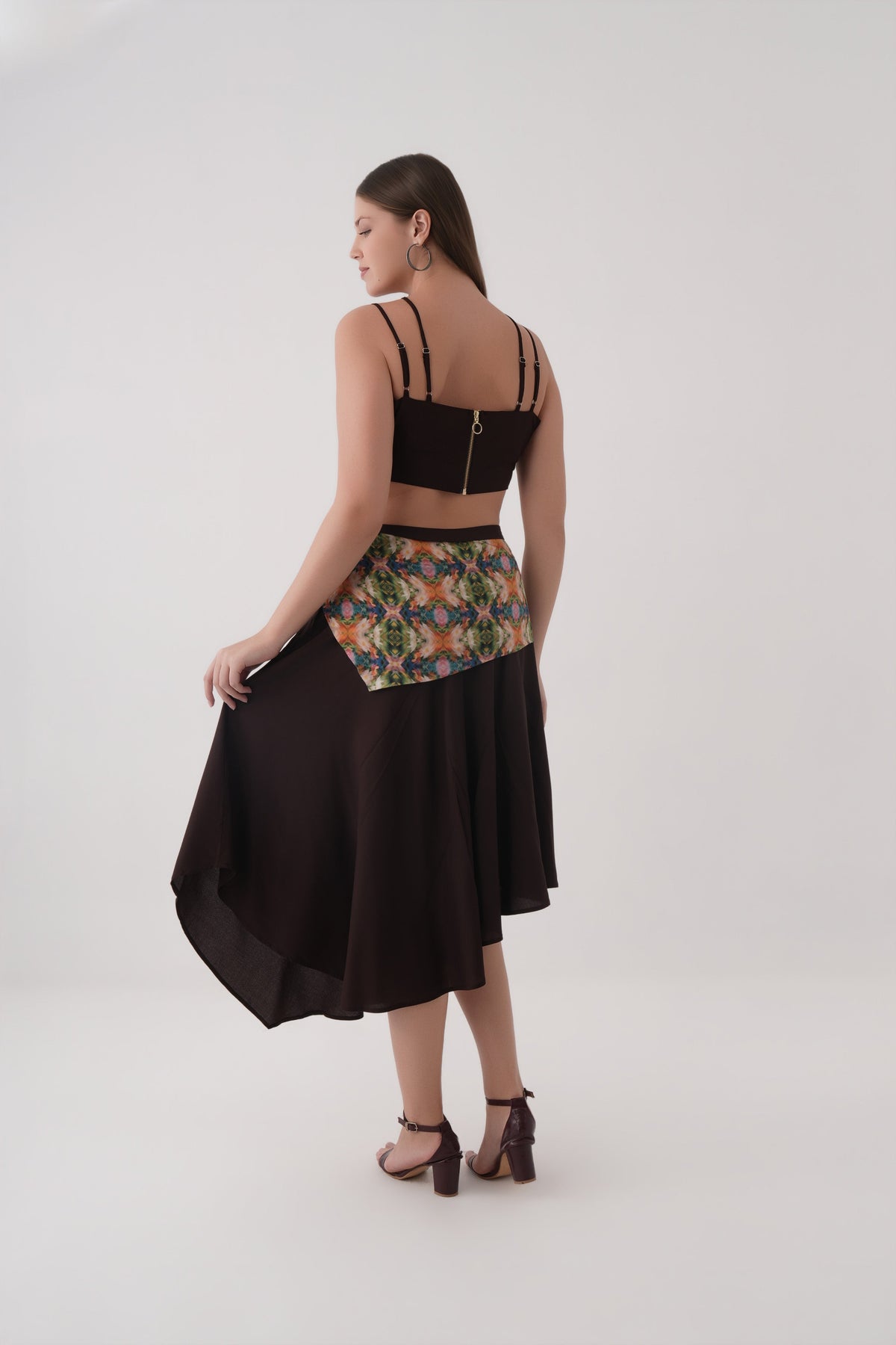 Coffee Bean Asymmetric Modal Scarf Tie Skirt with crossover strap crop blouse co-ord set