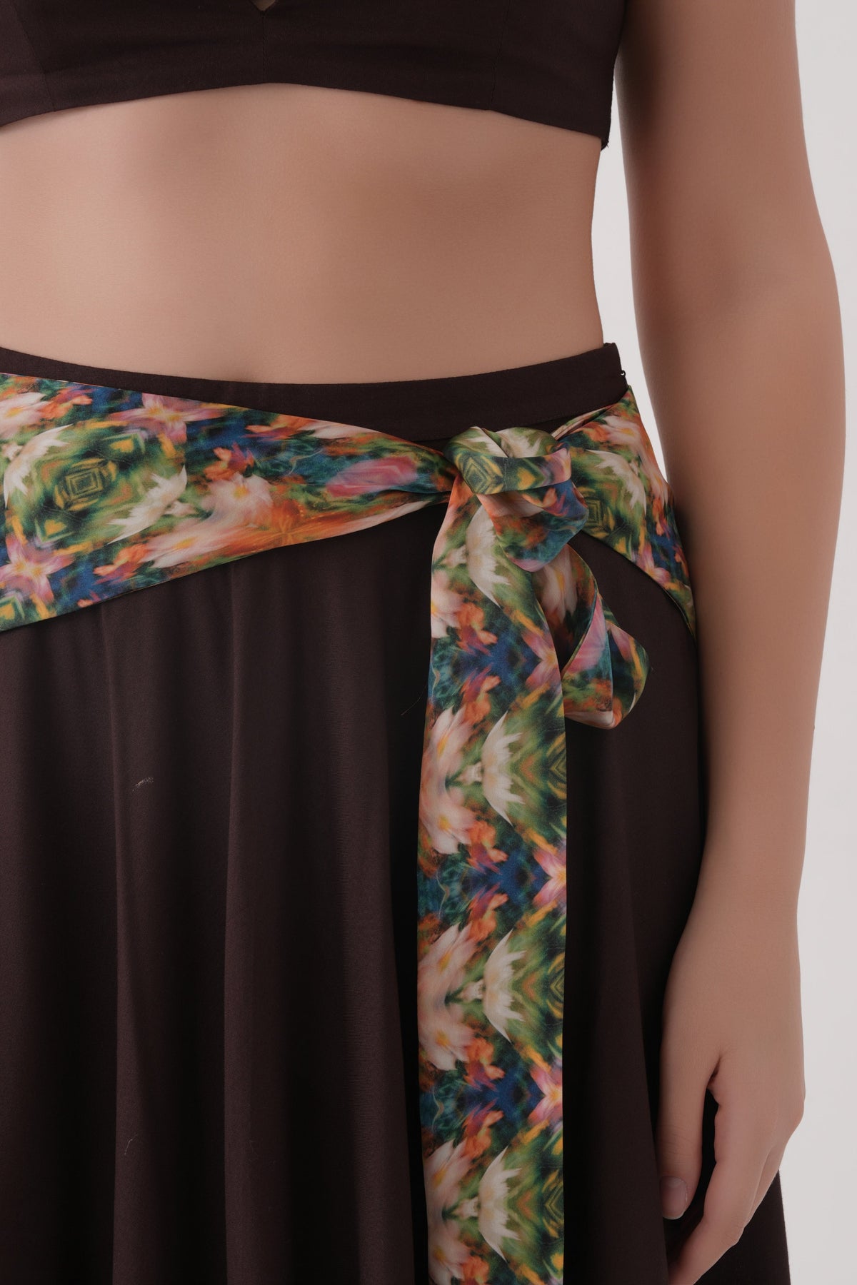 Coffee Bean Asymmetric Modal Scarf Tie Skirt with crossover strap crop blouse co-ord set