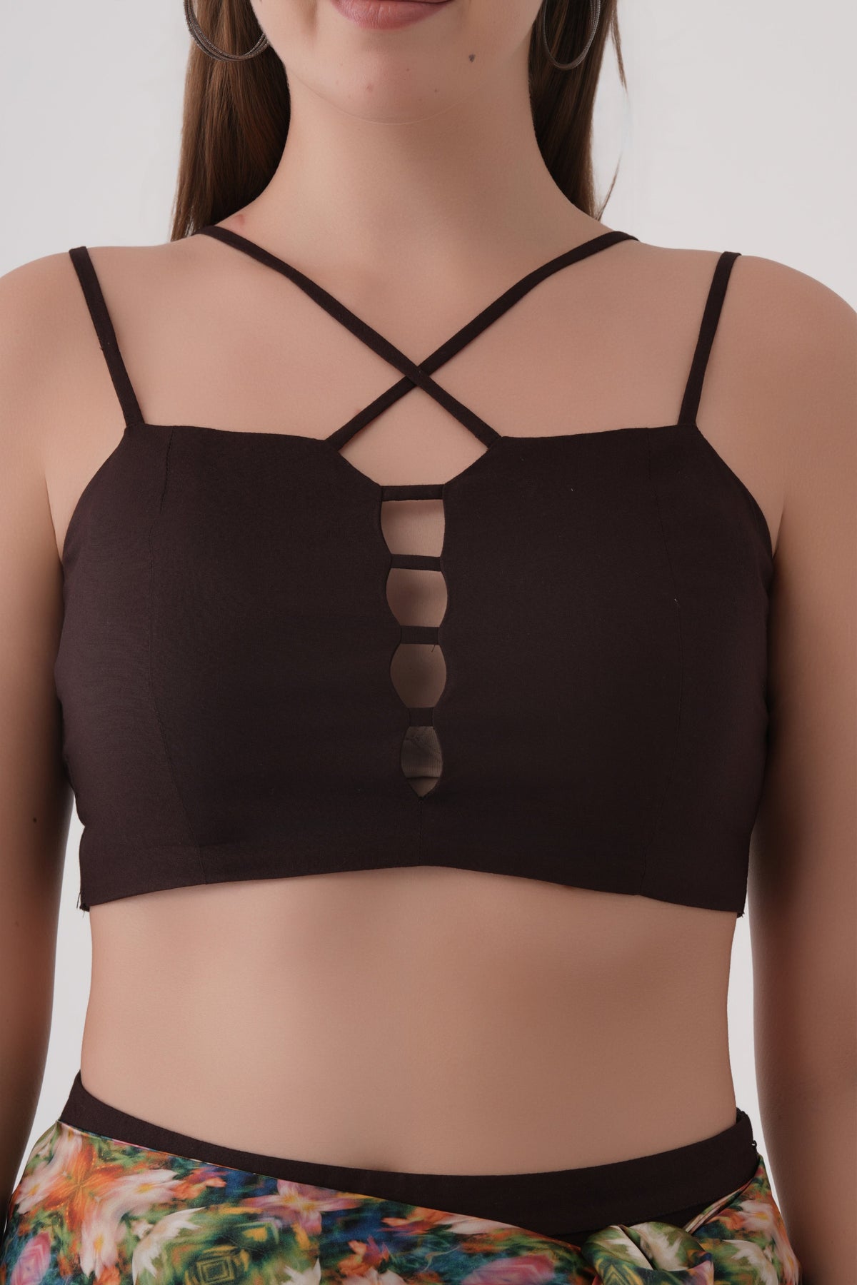 Coffee Bean Asymmetric Modal Scarf Tie Skirt with crossover strap crop blouse co-ord set