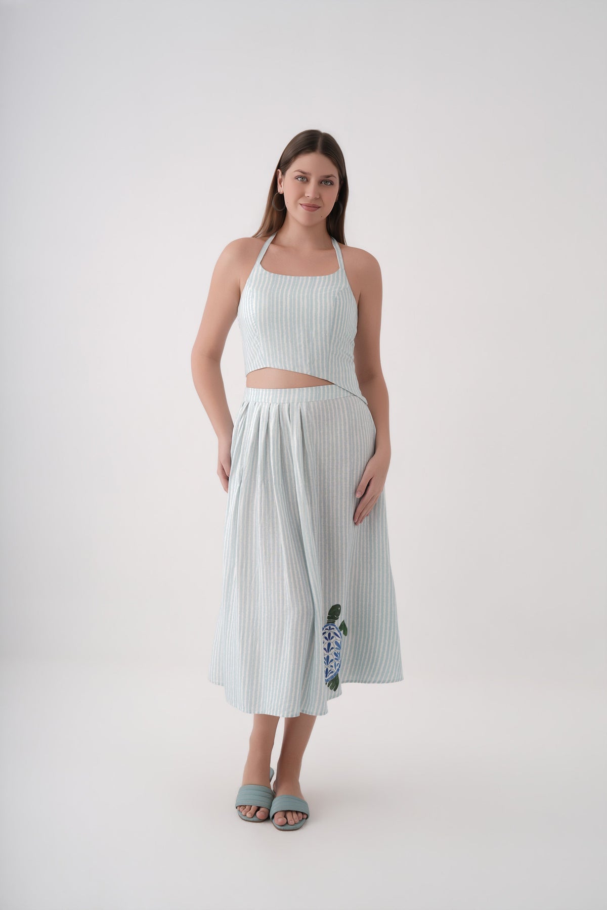 Women White Stripe Print Linen Halter Crop Top and Midi Skirt Co-ord Set