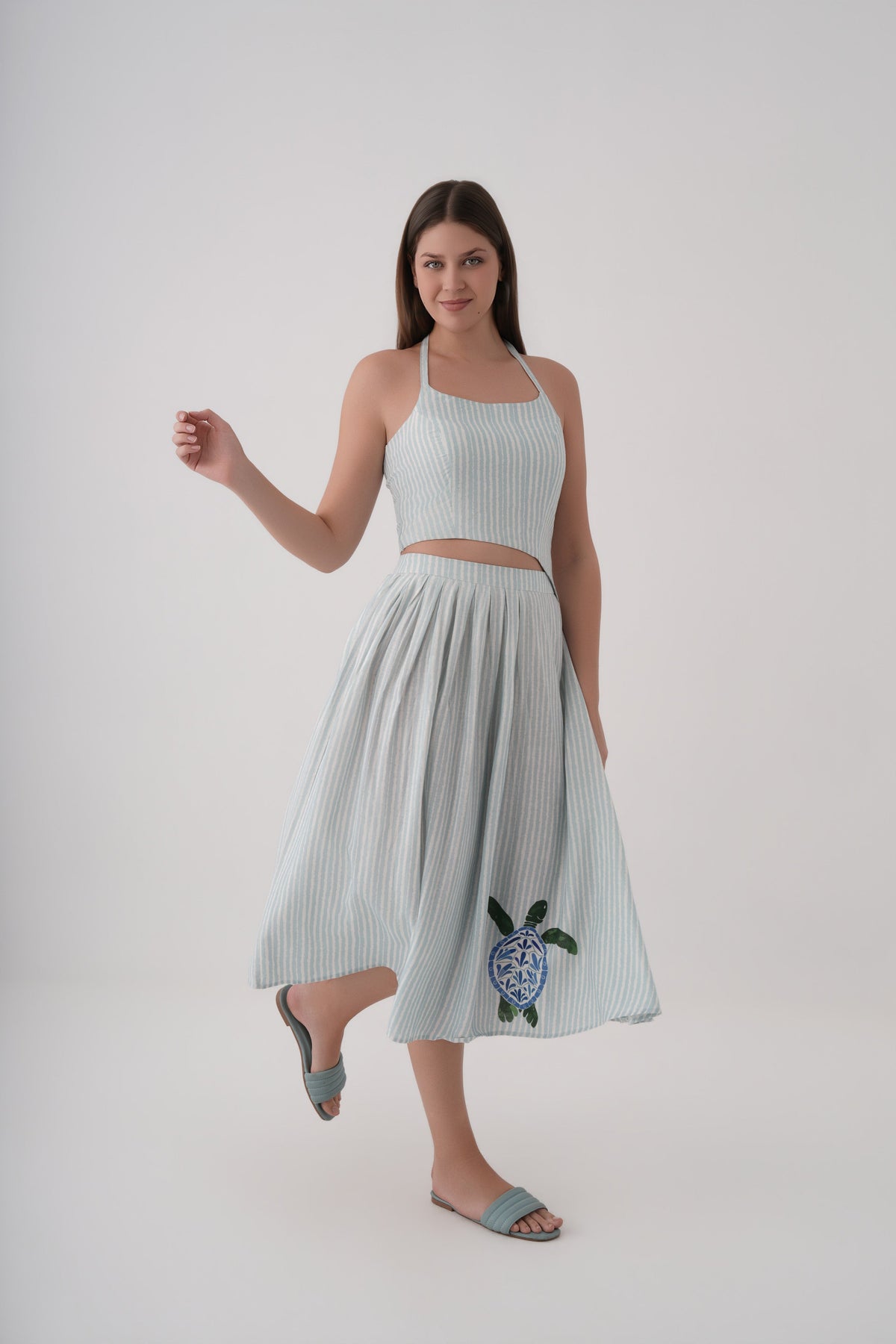 Women White Stripe Print Linen Halter Crop Top and Midi Skirt Co-ord Set