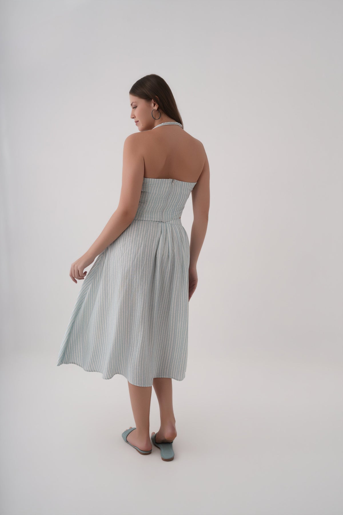 Women White Stripe Print Linen Halter Crop Top and Midi Skirt Co-ord Set