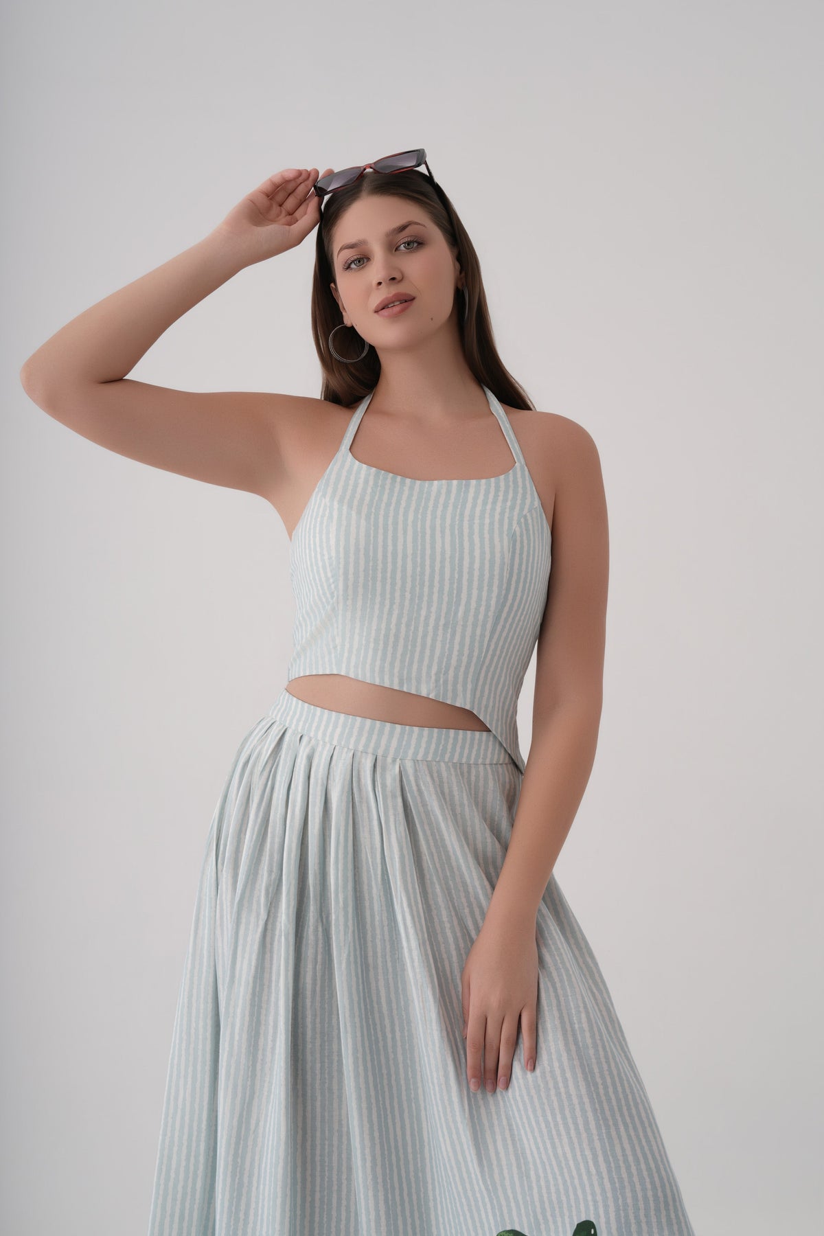 Women White Stripe Print Linen Halter Crop Top and Midi Skirt Co-ord Set