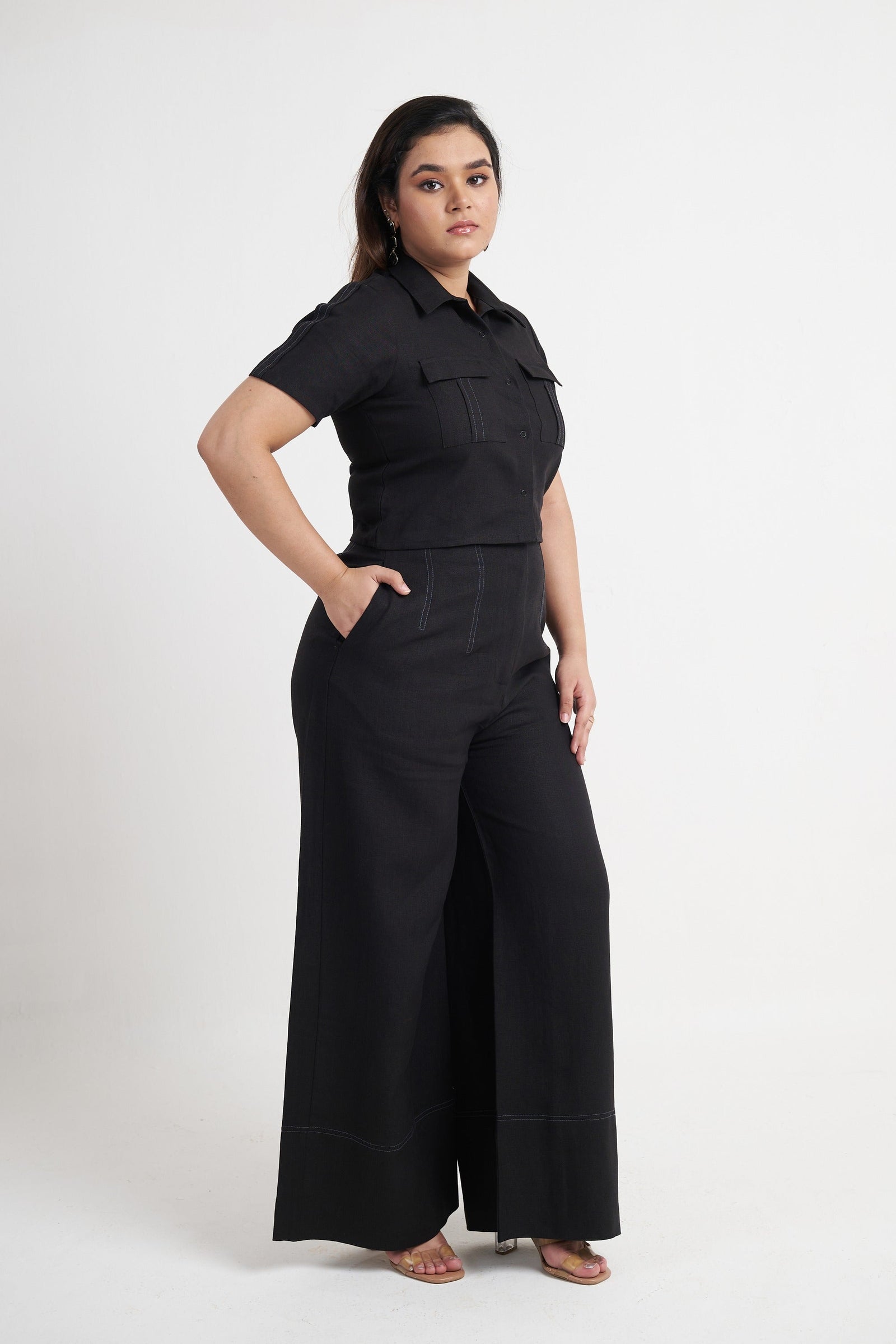 Utility Crop Shirt & Wide Leg Trouser Co-ord Set in Black Beauty