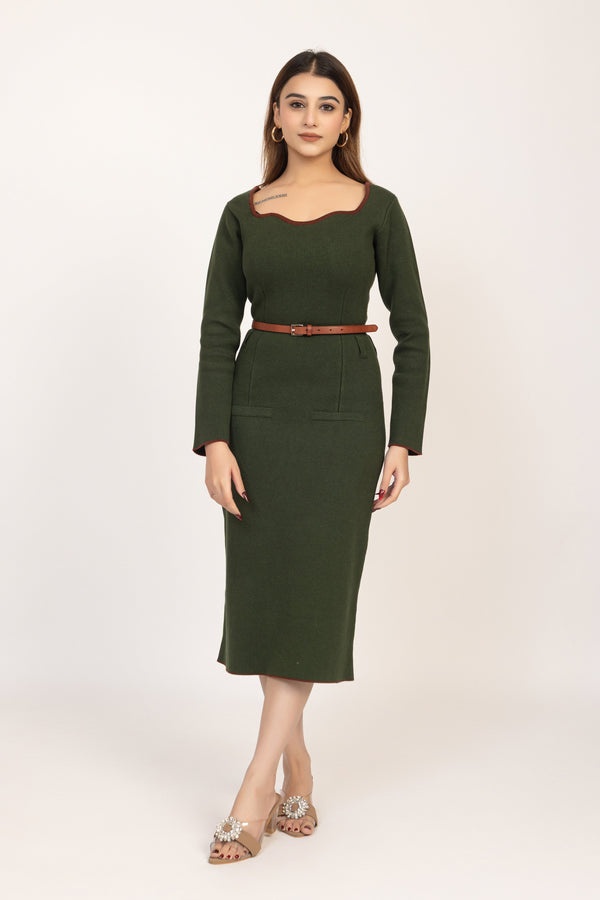 Olive Green Belted Knitted Sheath Dress with a midi length