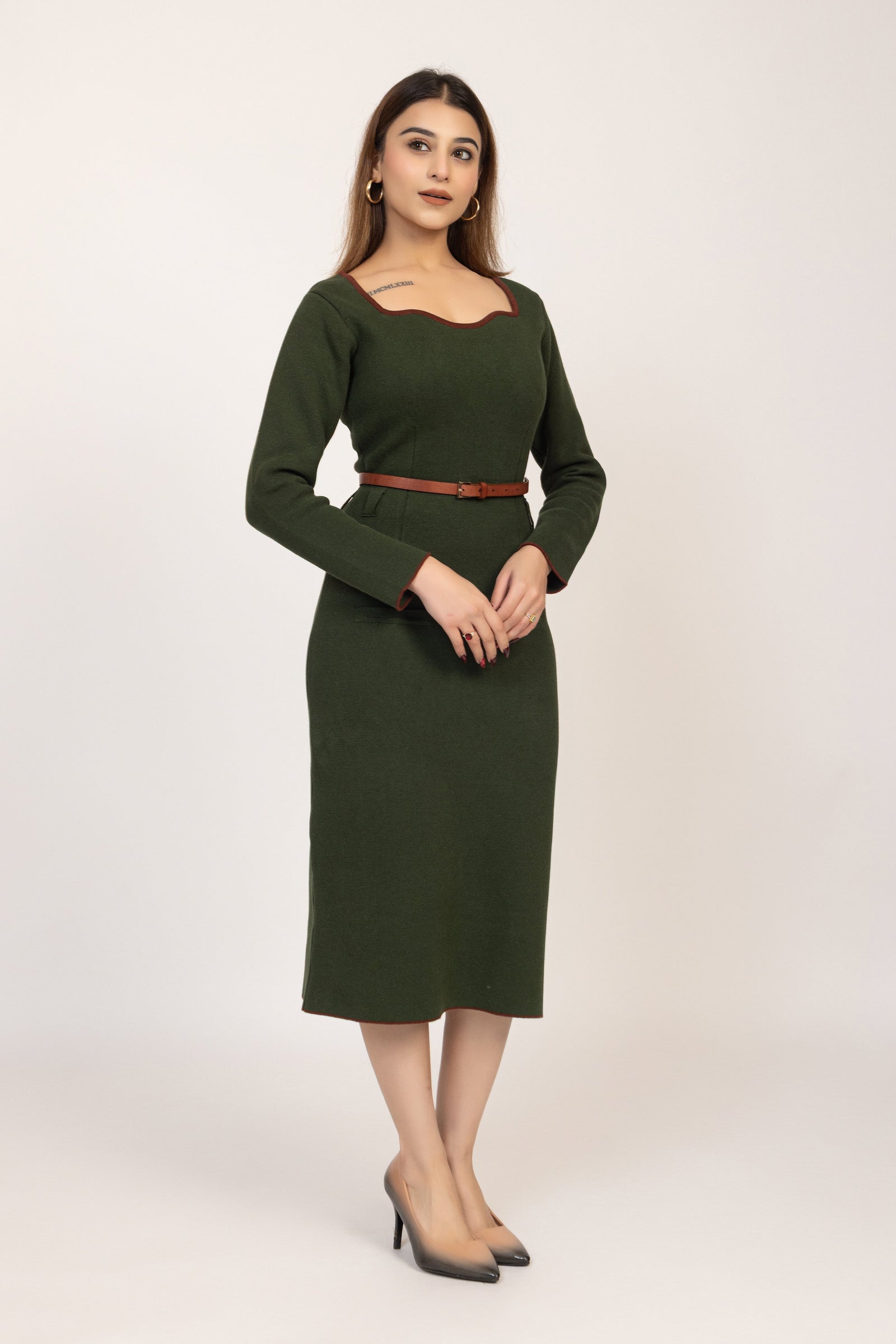 Olive Green Belted Knitted Sheath Dress with a midi length
