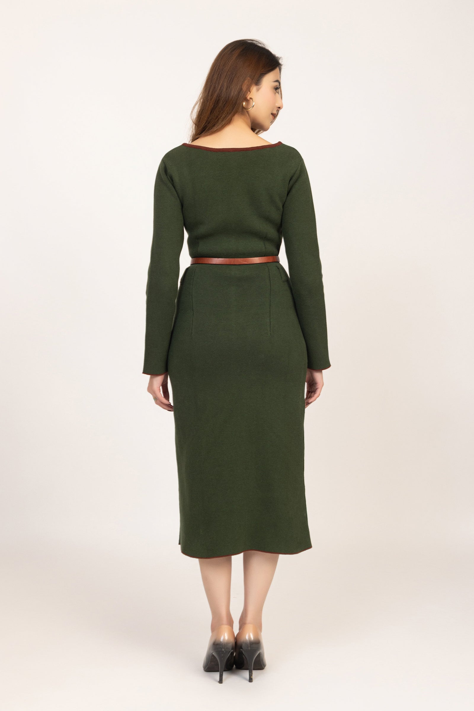 Olive Green Belted Knitted Sheath Dress with a midi length