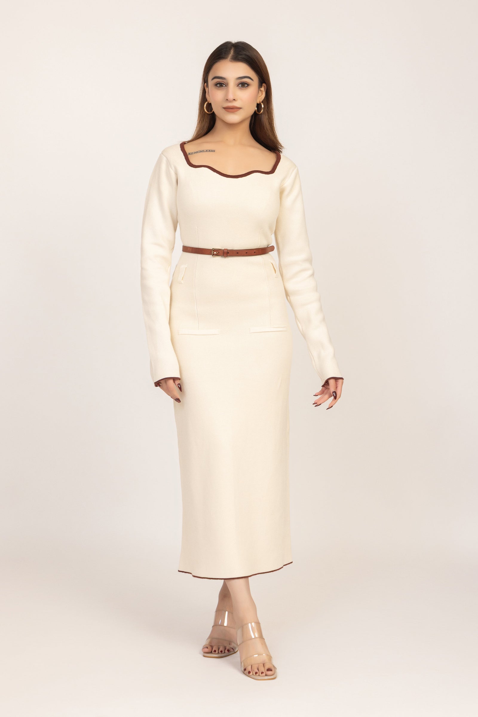 Off White Belted Knitted Sheath Dress with a midi length