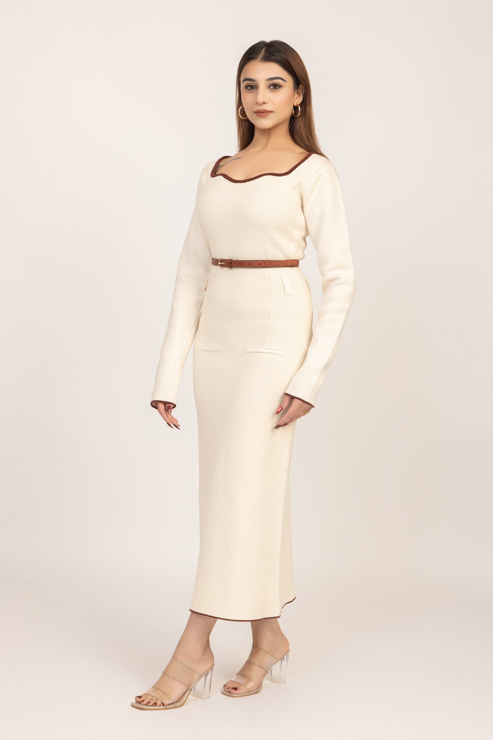 Off White Belted Knitted Sheath Dress with a midi length