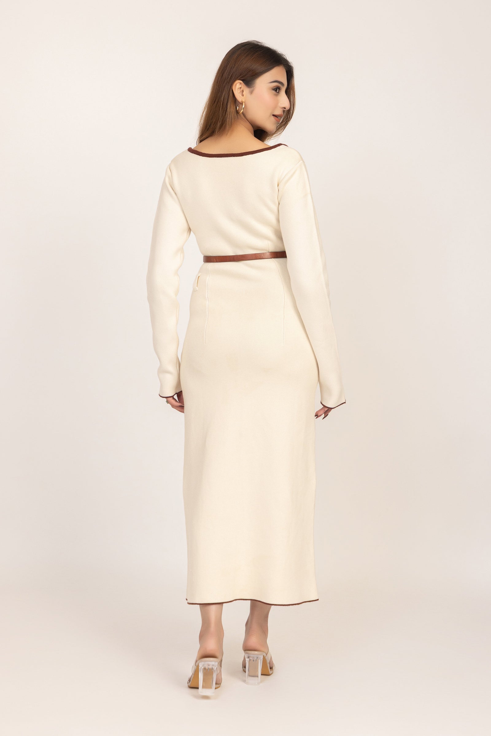 Off White Belted Knitted Sheath Dress with a midi length