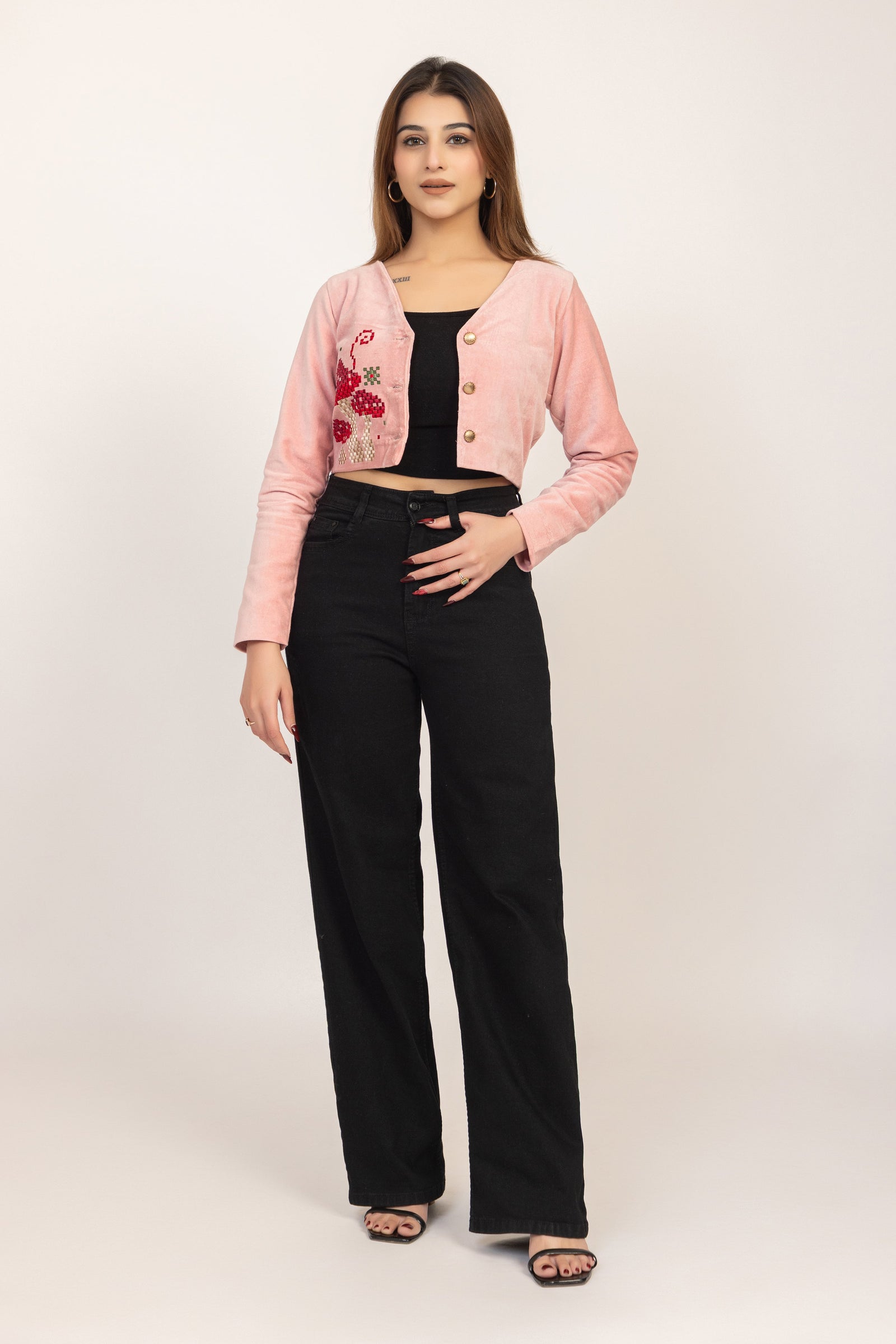 Embroidered Velvet Crop Jacket