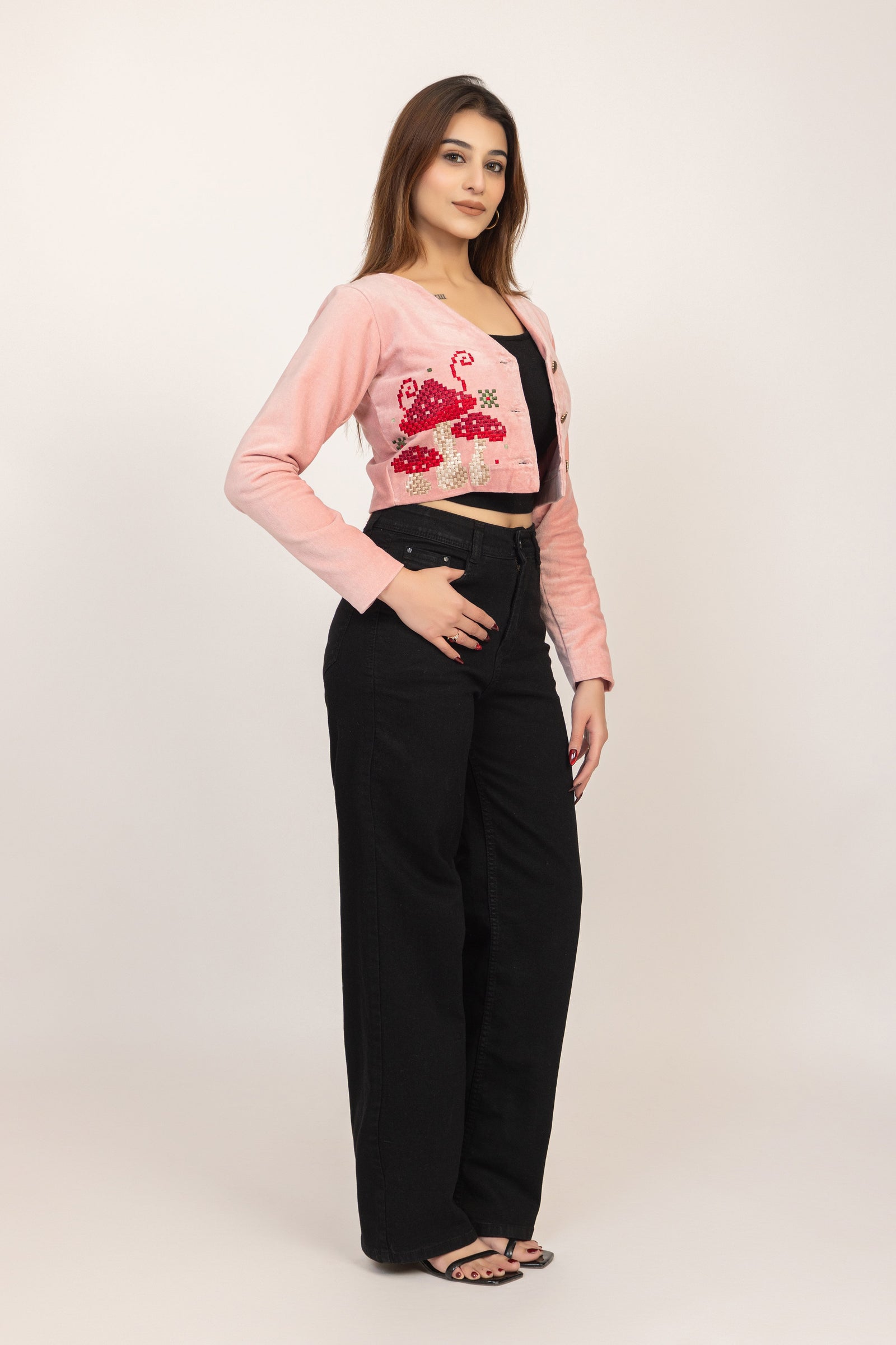Embroidered Velvet Crop Jacket