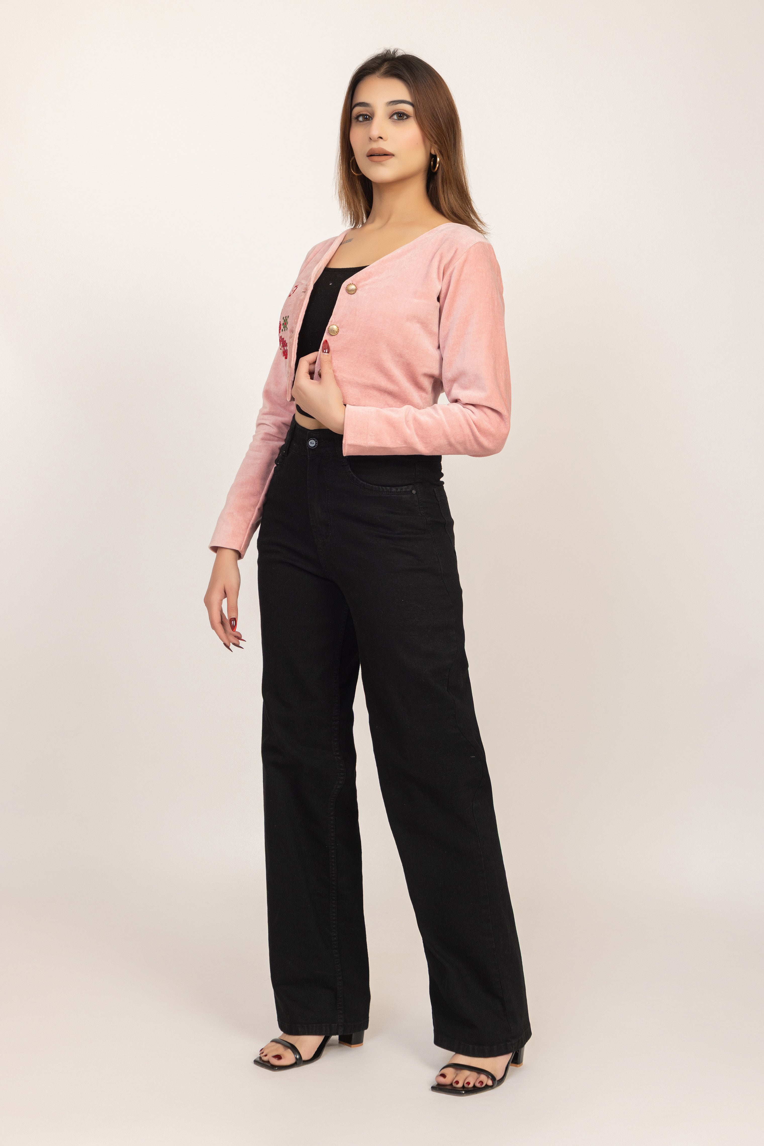 Embroidered Velvet Crop Jacket