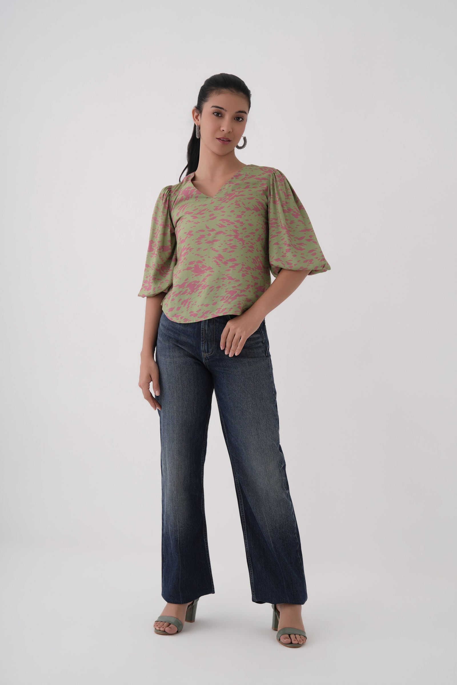 tarragon  Puff Sleeve Printed Cupro V-Neck top 