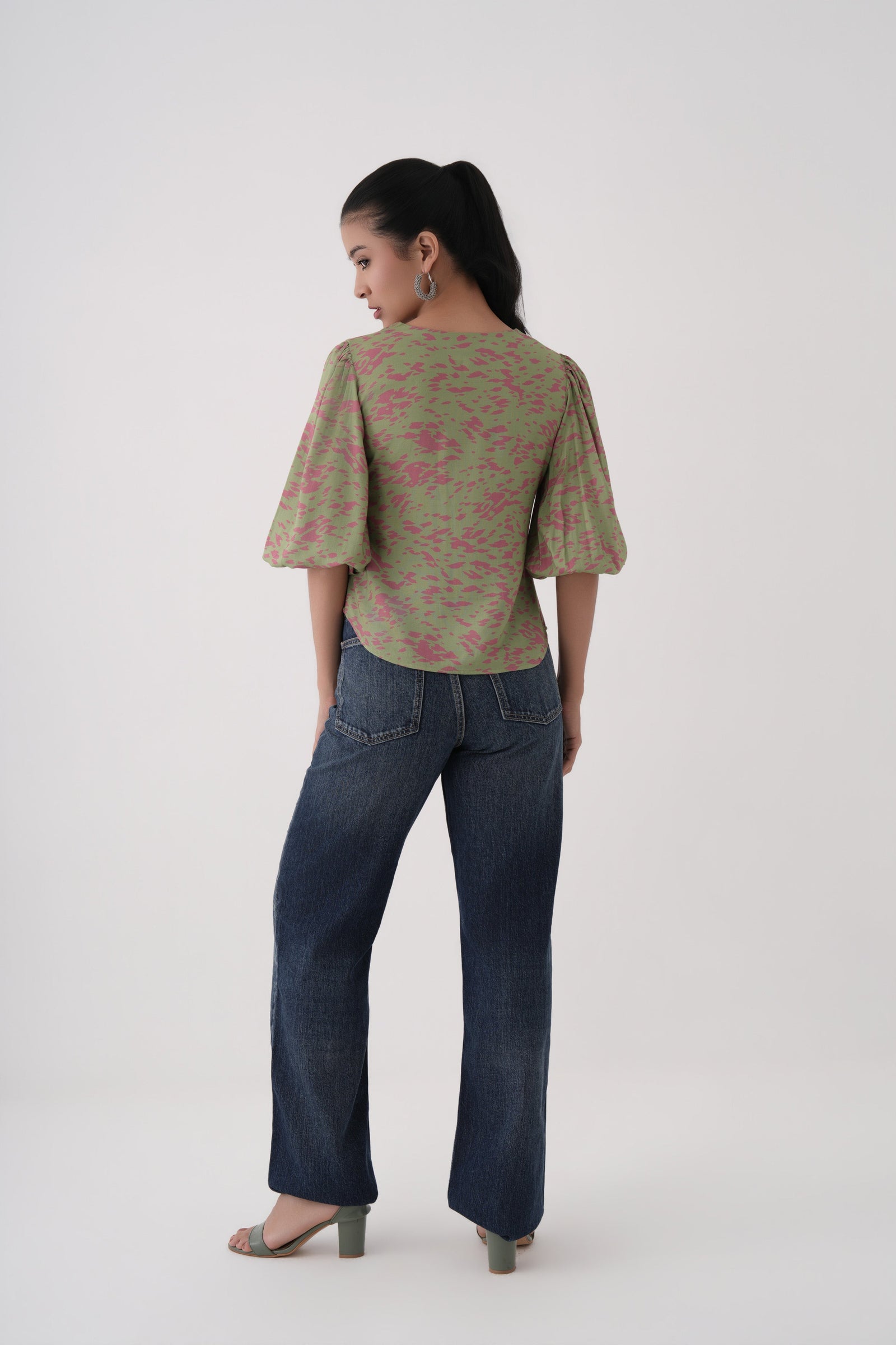 tarragon  Puff Sleeve Printed Cupro V-Neck top 