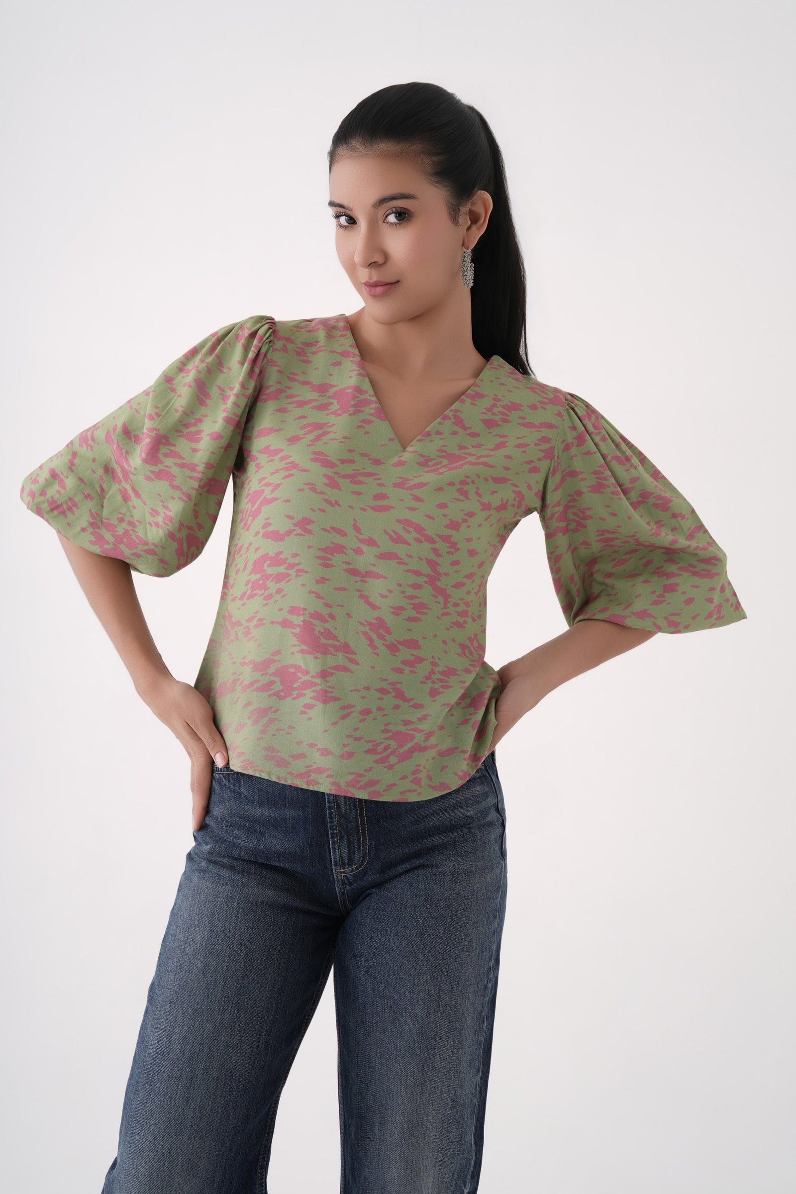 tarragon  Puff Sleeve Printed Cupro V-Neck top 