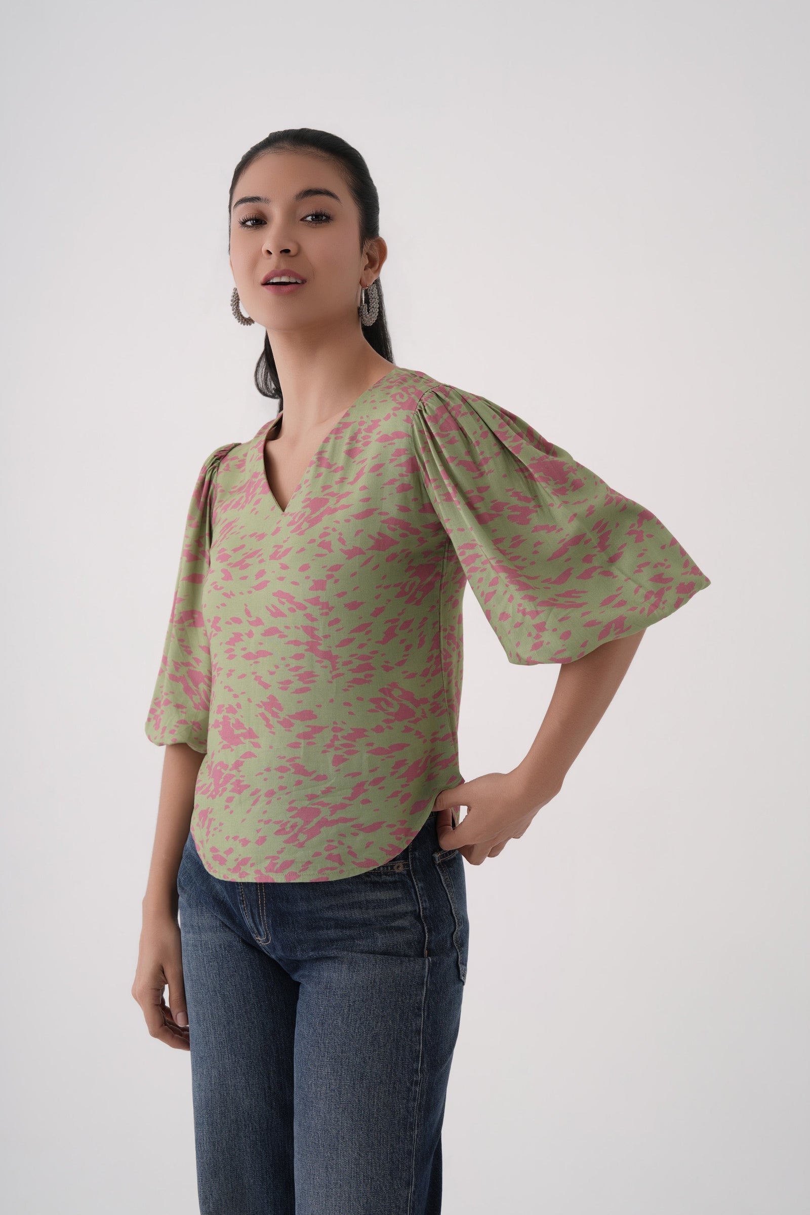 tarragon  Puff Sleeve Printed Cupro V-Neck top 