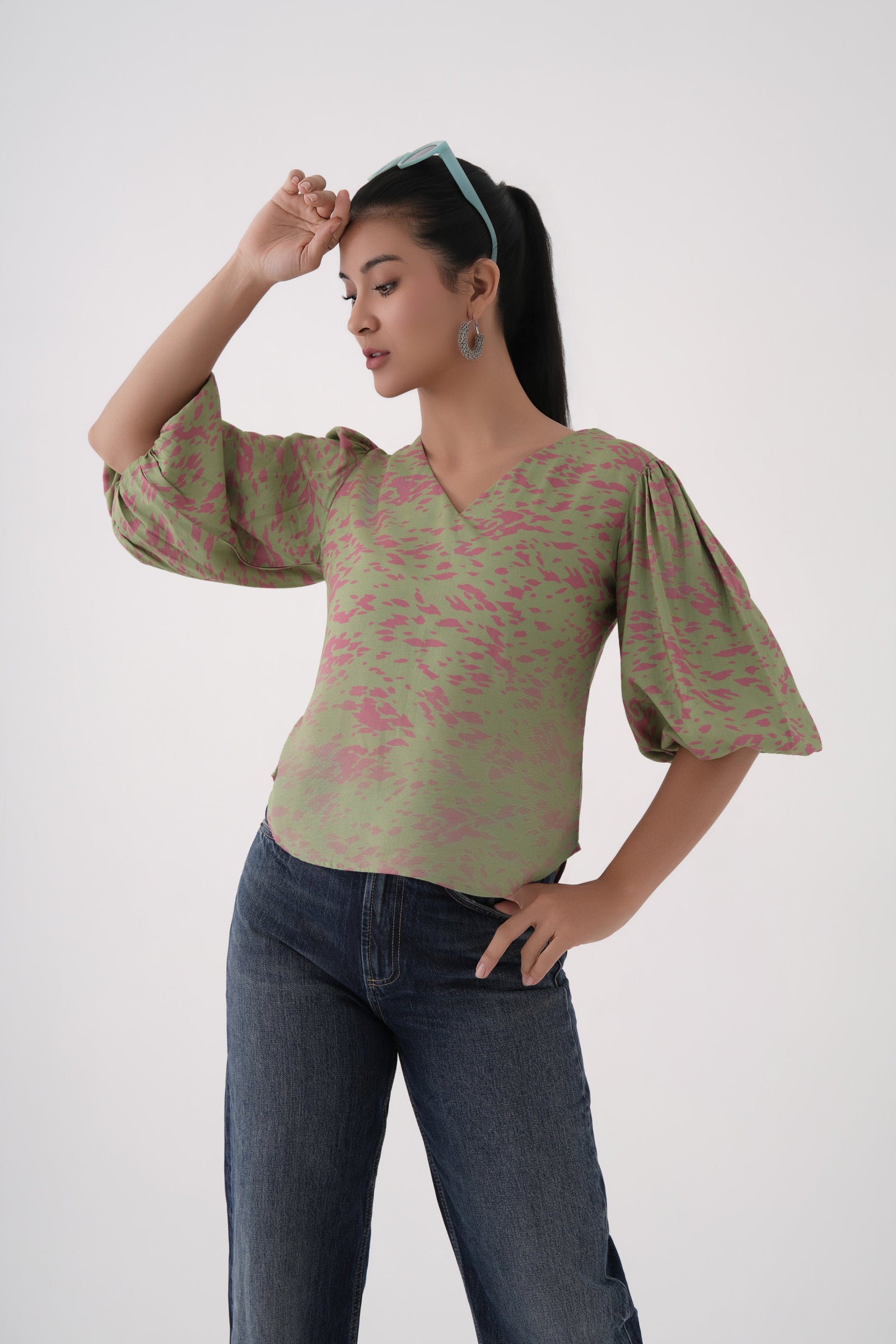 tarragon  Puff Sleeve Printed Cupro V-Neck top 
