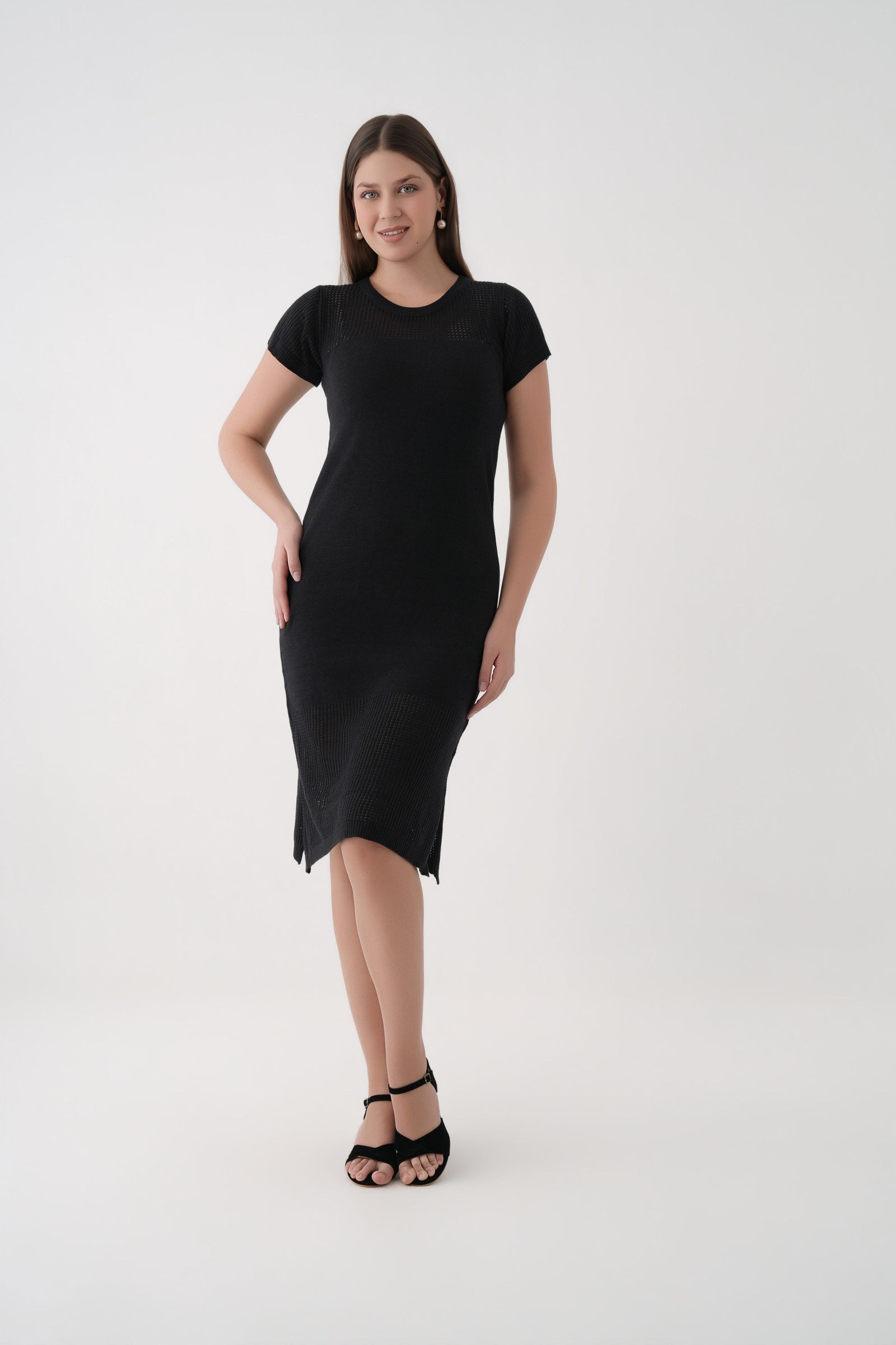 women black short sleeve knit mesh dress 