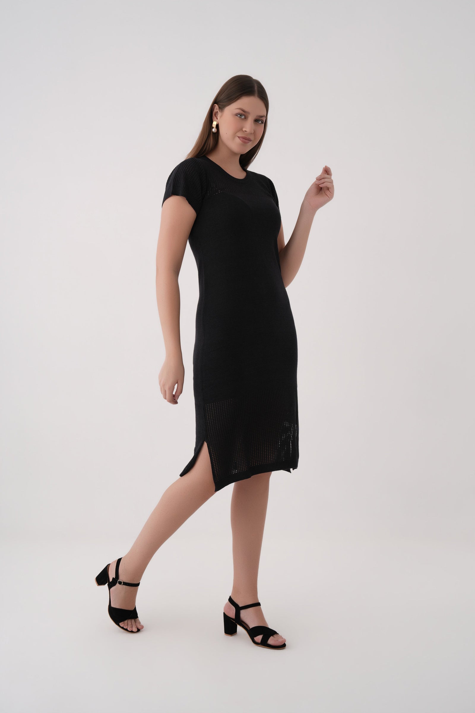 women black short sleeve knit mesh dress 
