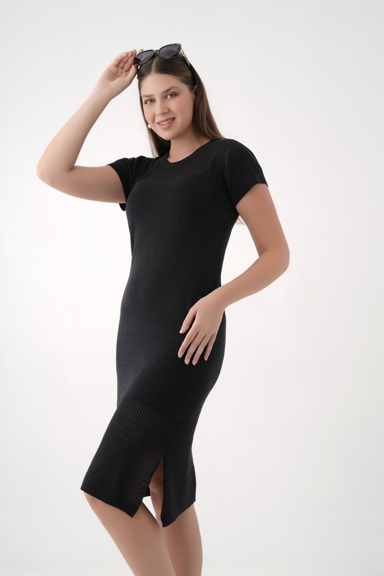 women black short sleeve knit mesh dress 