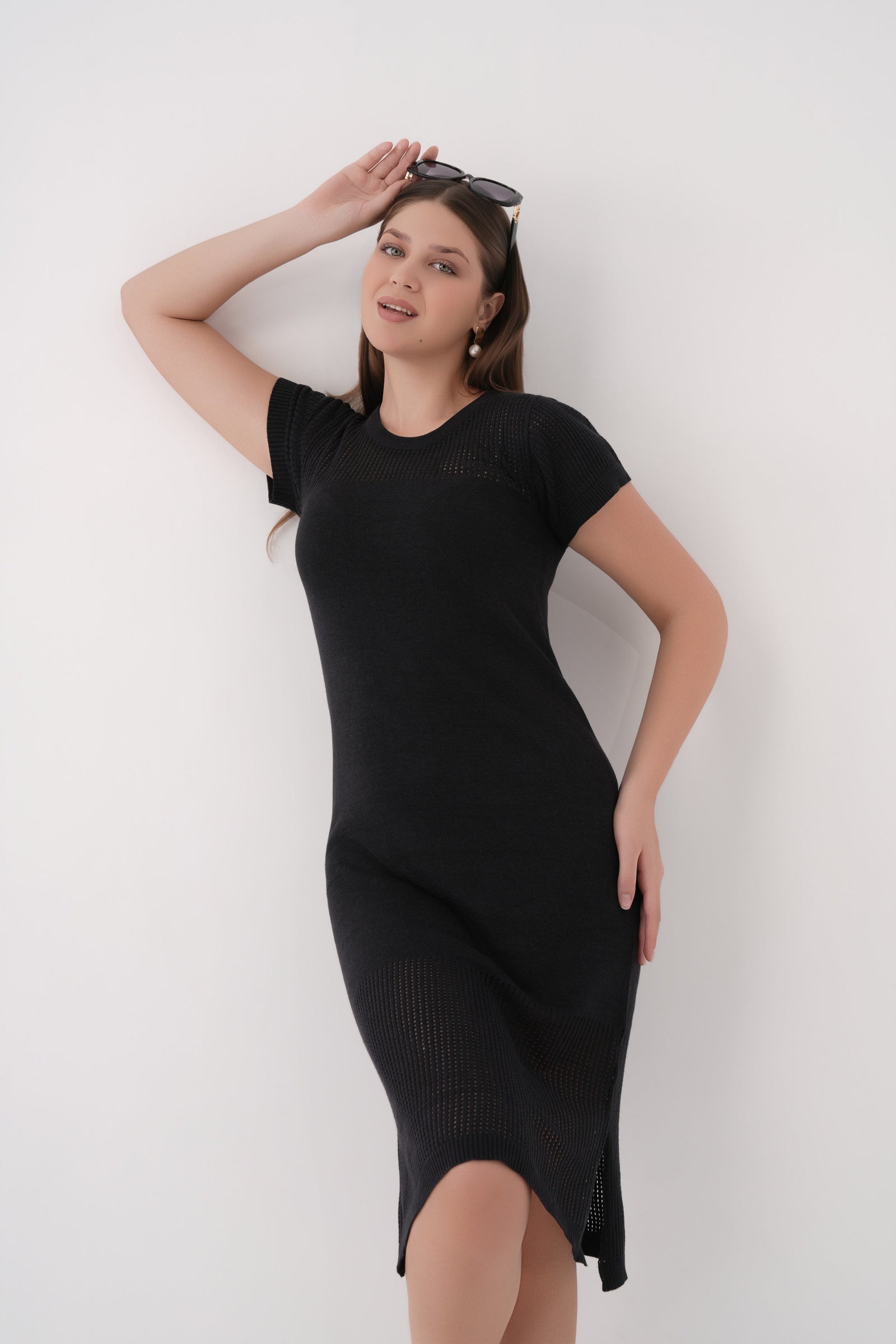 women black short sleeve knit mesh dress 