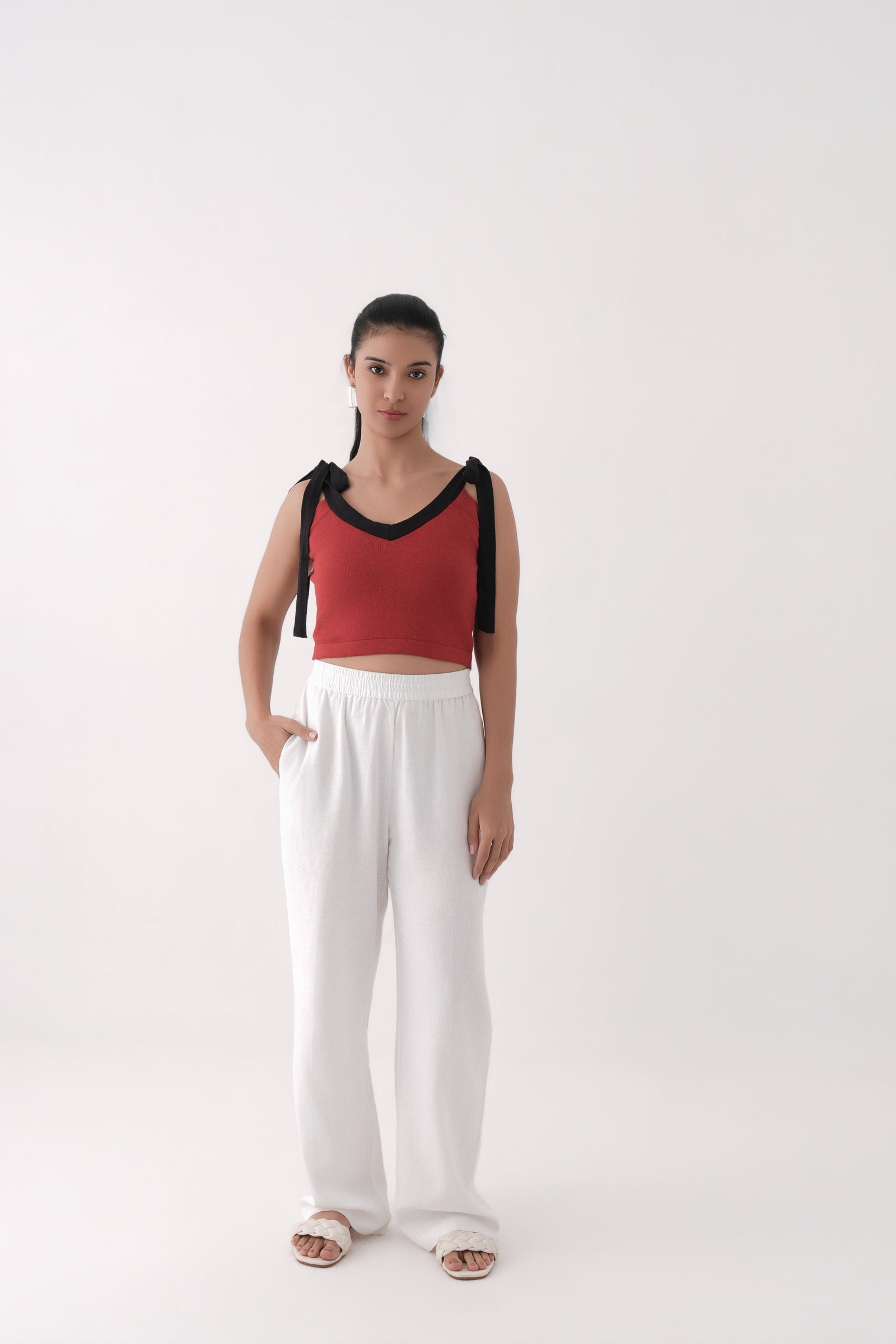 red v neck tie up strap knitted top