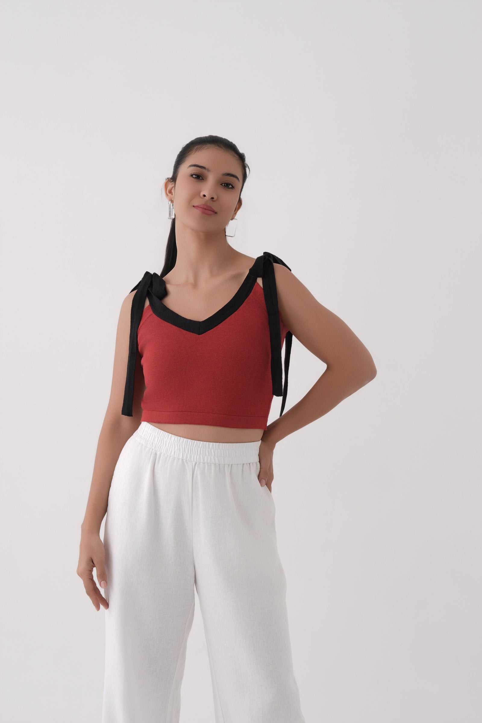 red v neck tie up strap knitted top