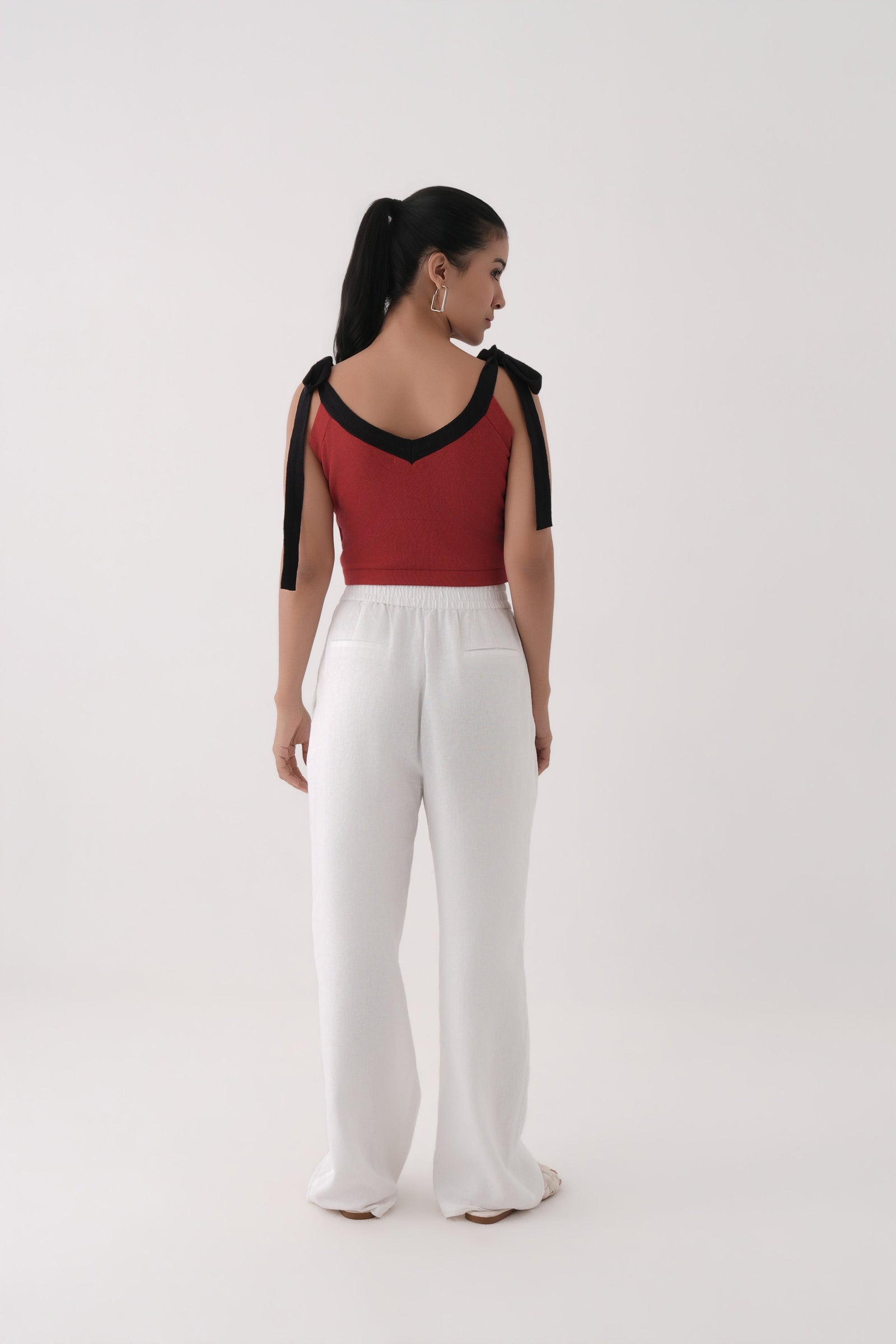 red v neck tie up strap knitted top