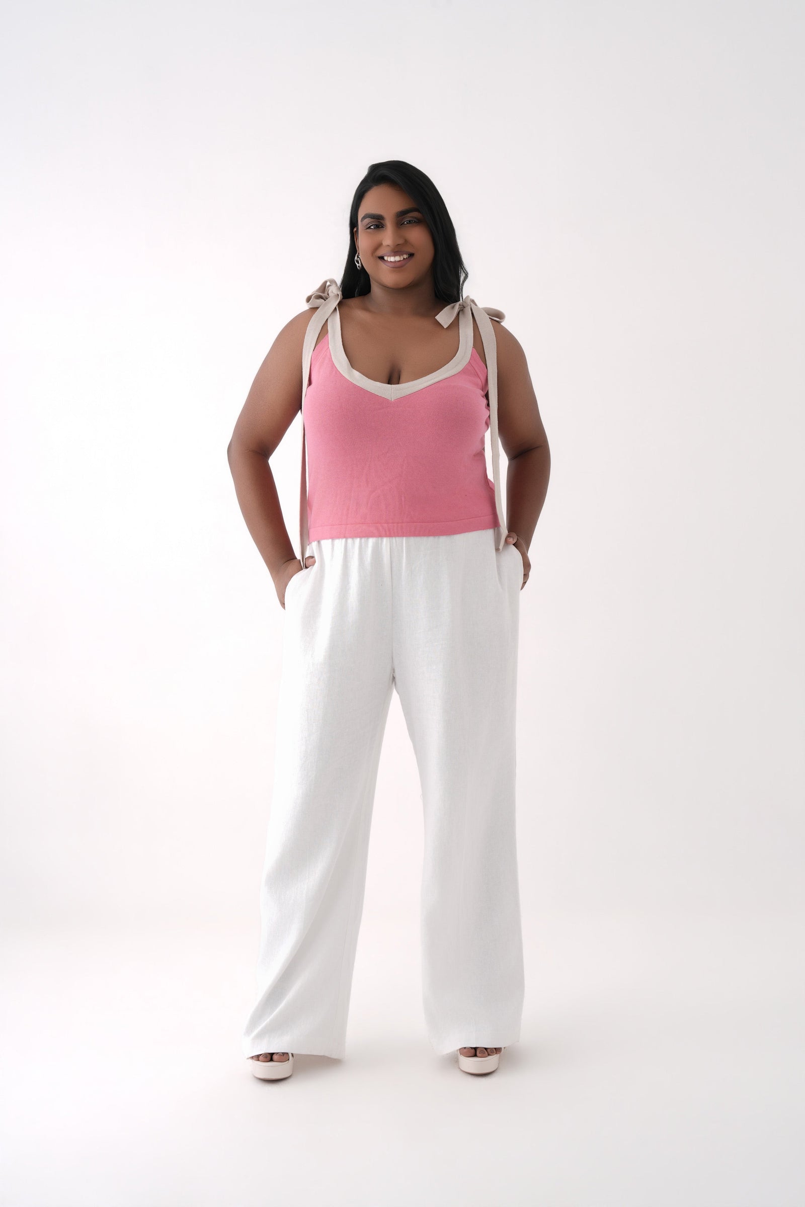 pink v neck tie up strap knitted top
