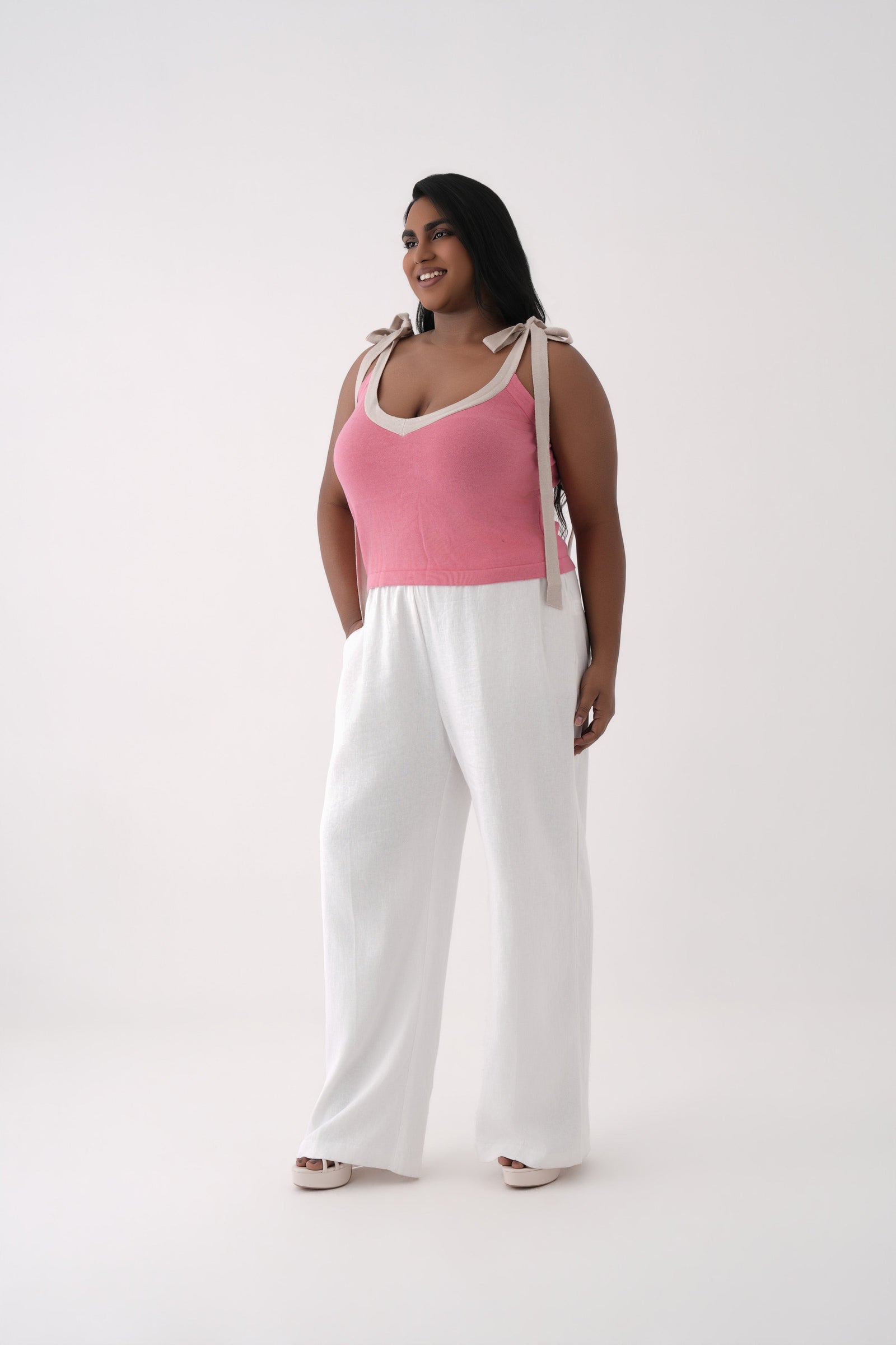 pink v neck tie up strap knitted top