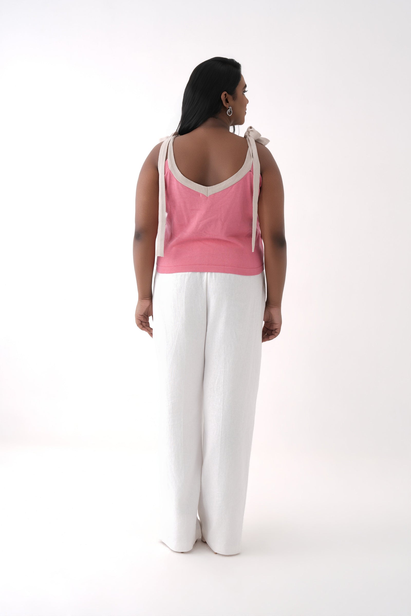pink v neck tie up strap knitted top