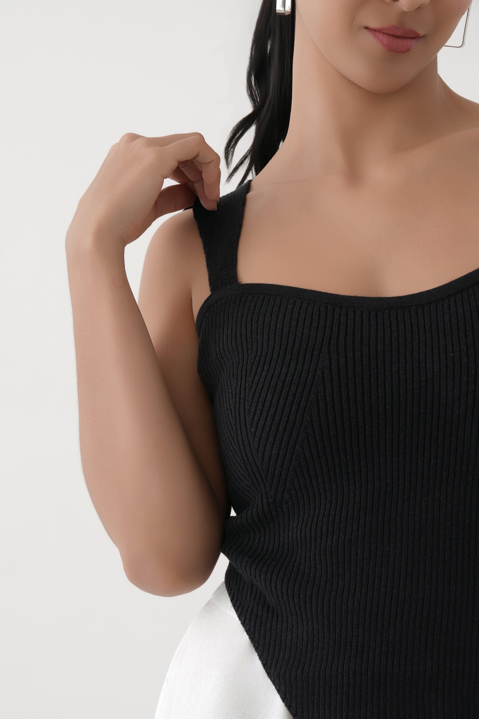 black wide strap ribbed knit corset top