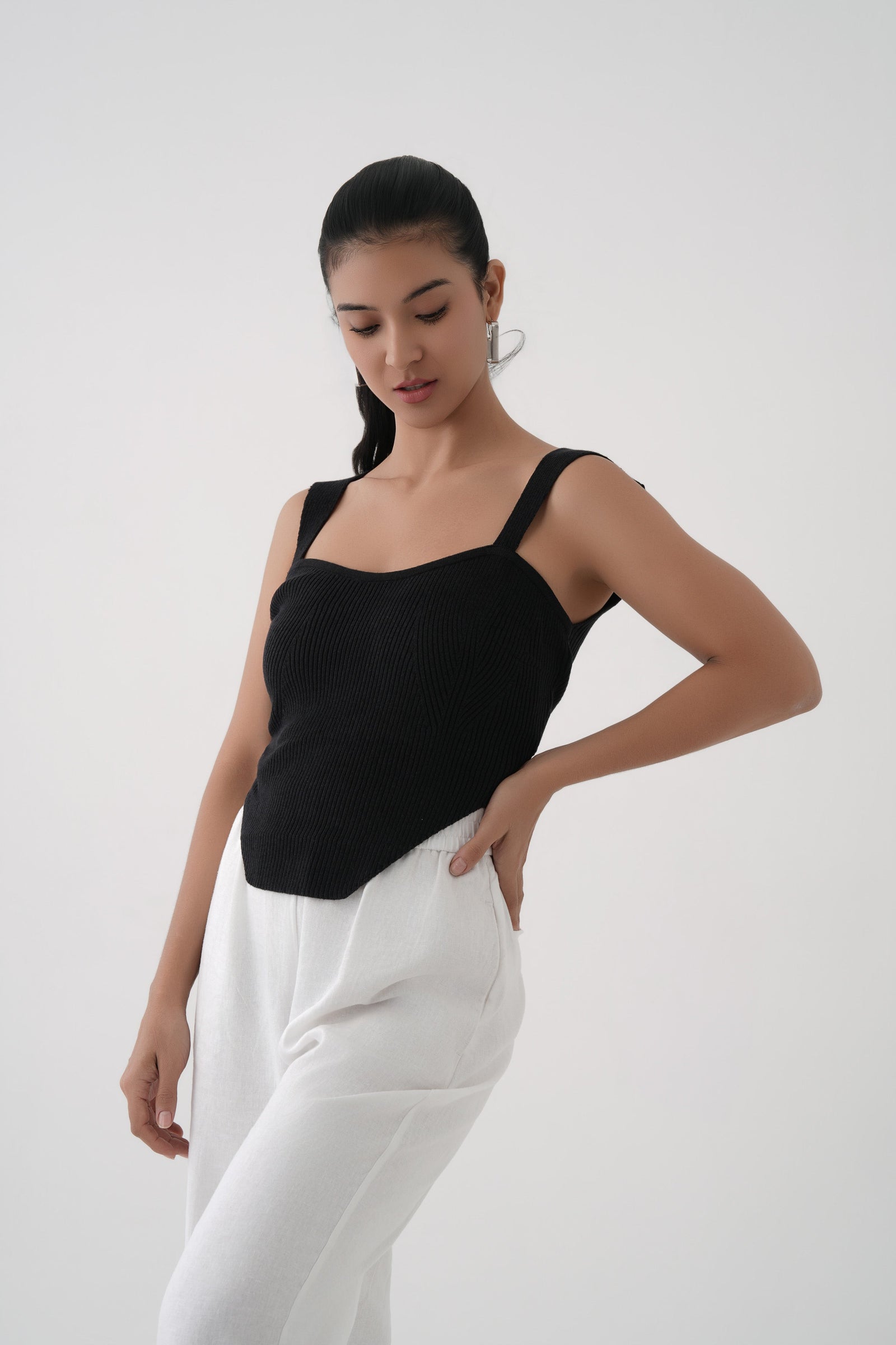 black wide strap ribbed knit corset top