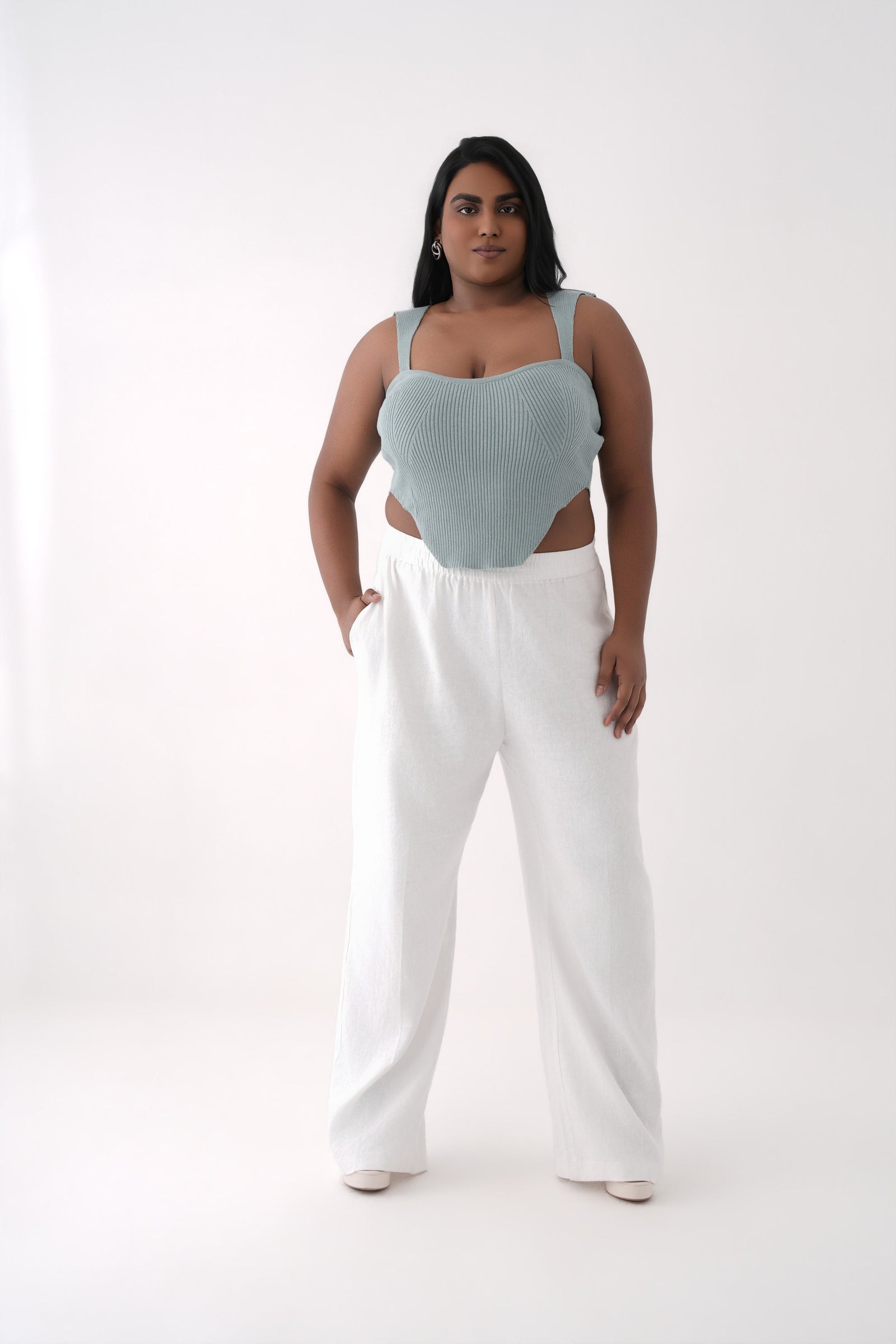 harbor green  wide strap ribbed knit corset top