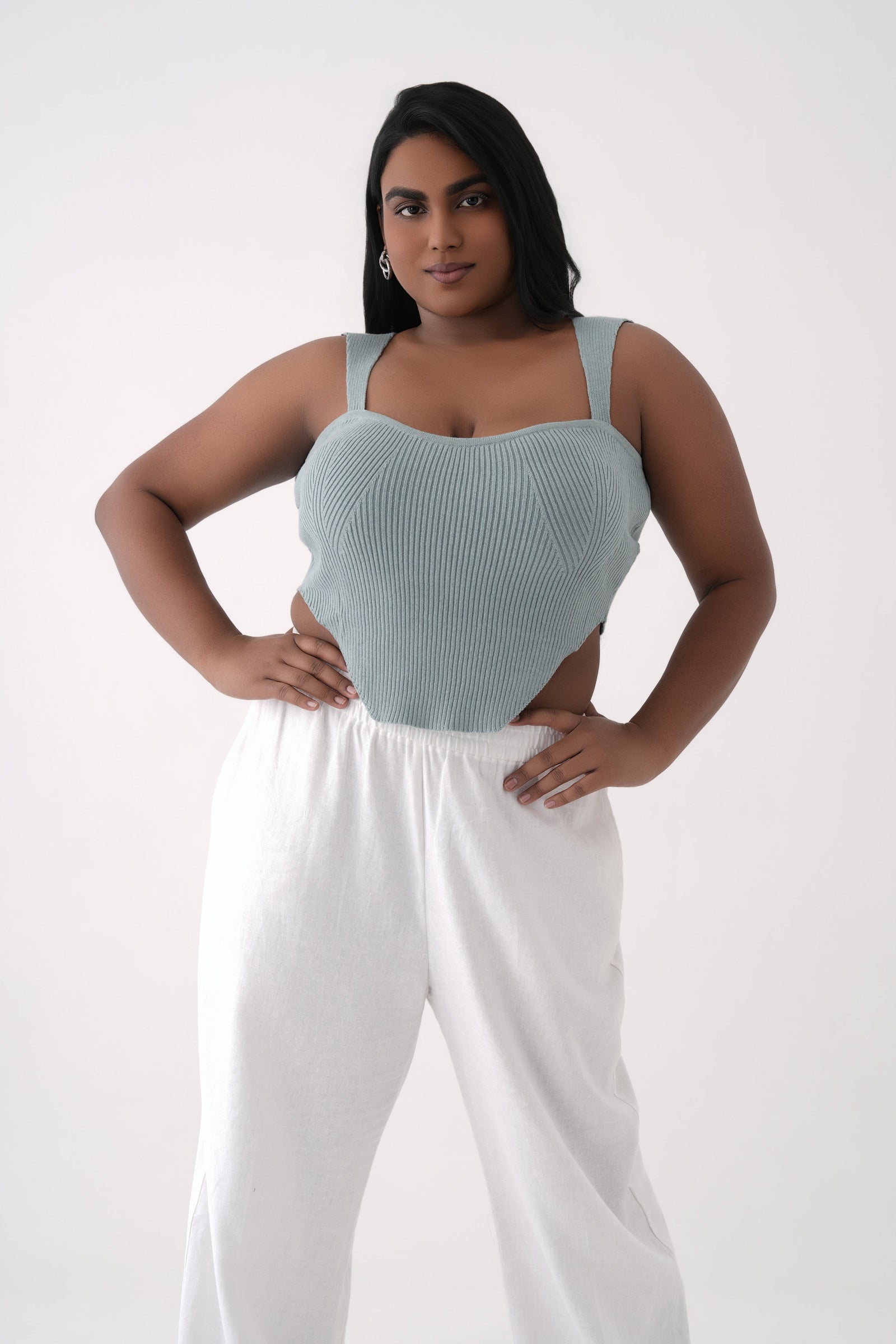 harbor green  wide strap ribbed knit corset top