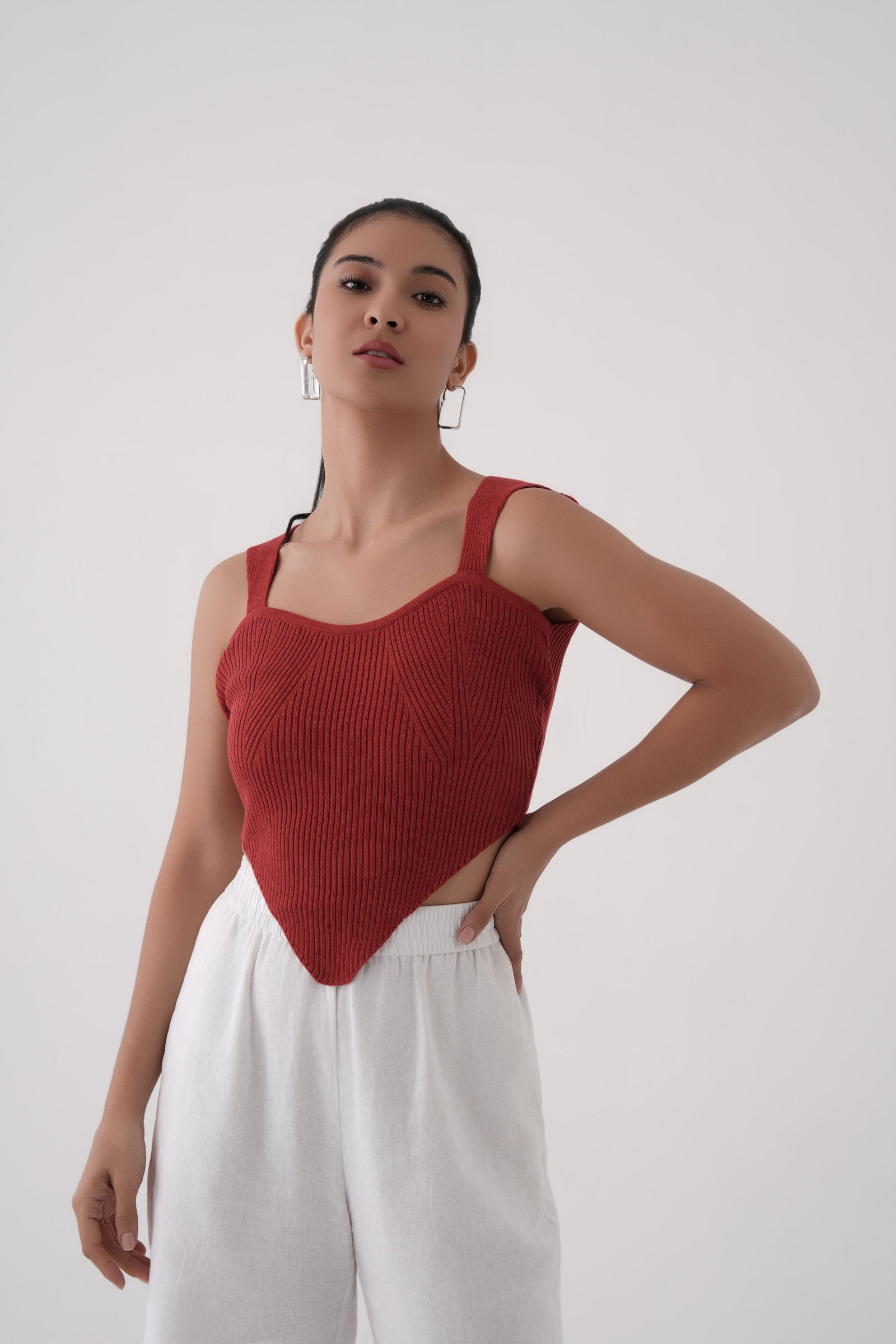 red wide strap ribbed knit corset top