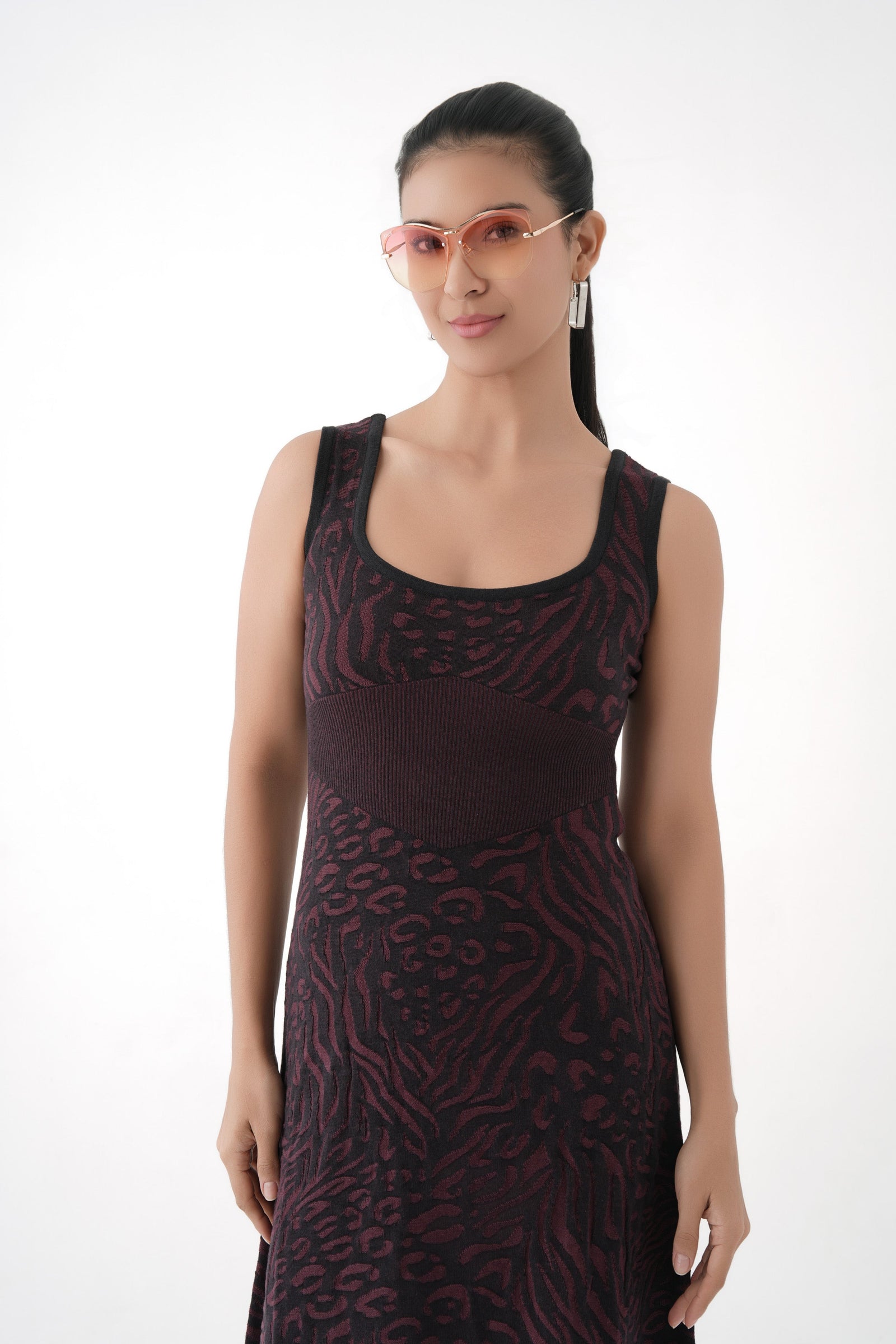 Women Black 3D Jacquard Textured Sleeveless Modal Knit Dress
