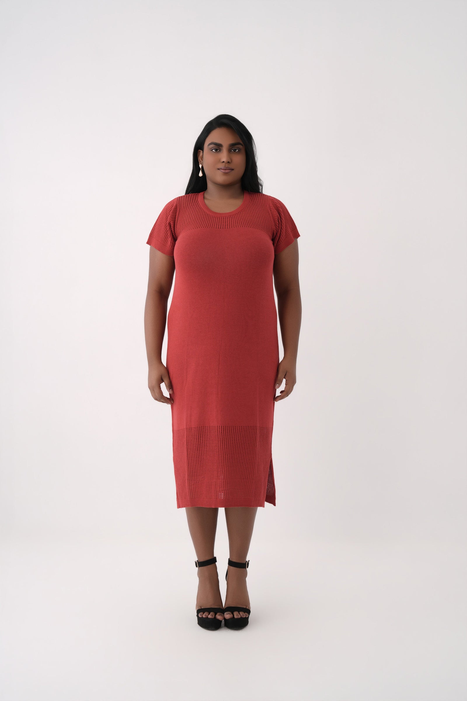 women red short sleeve knit mesh dress 