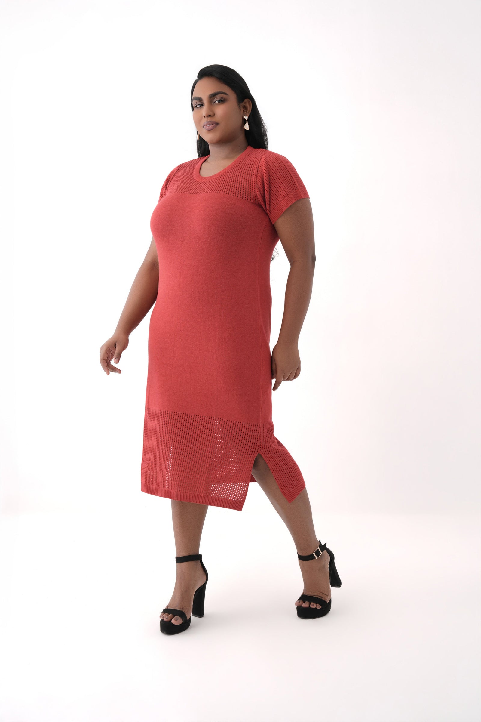 women red short sleeve knit mesh dress 