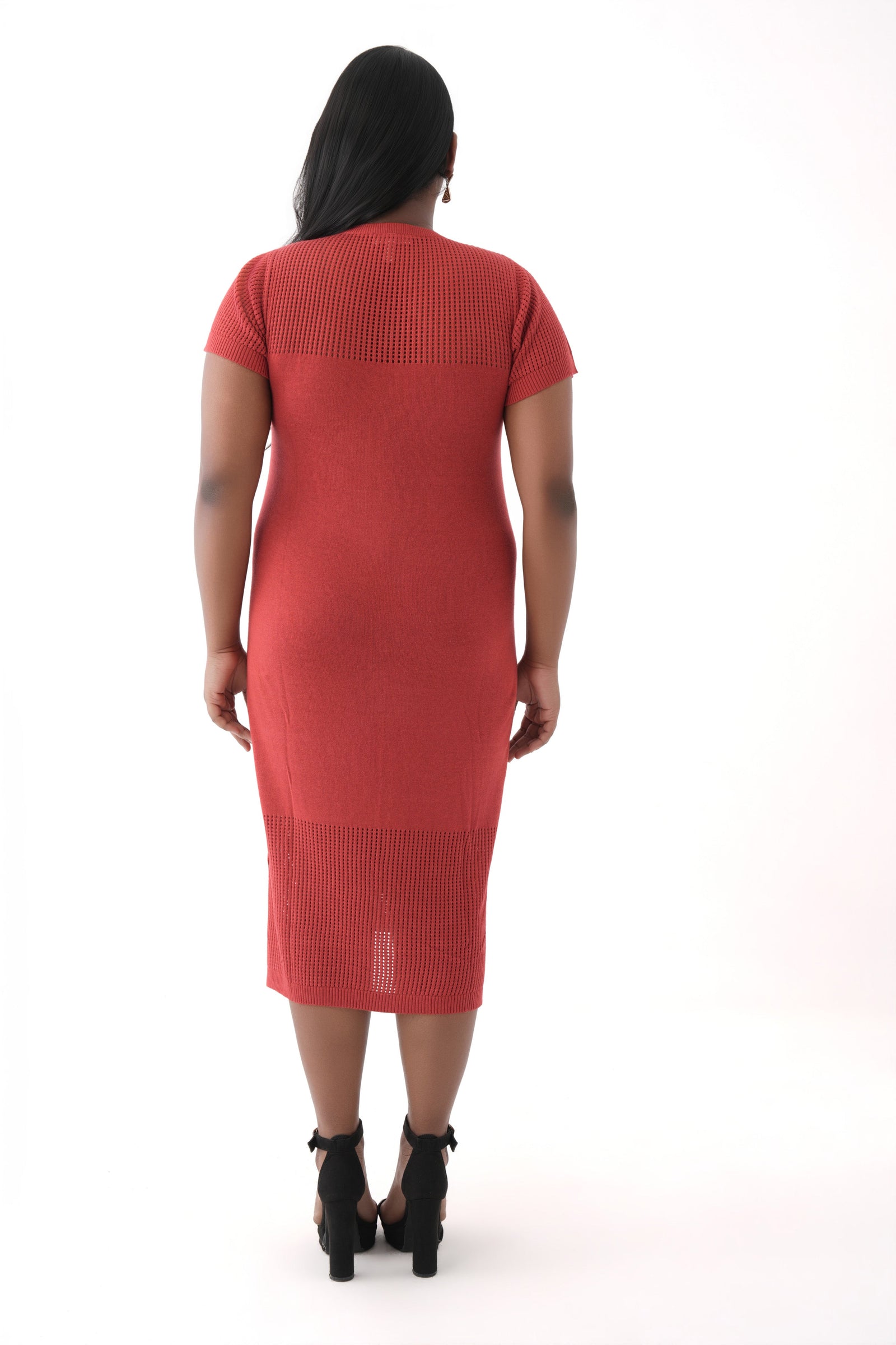 women red short sleeve knit mesh dress 
