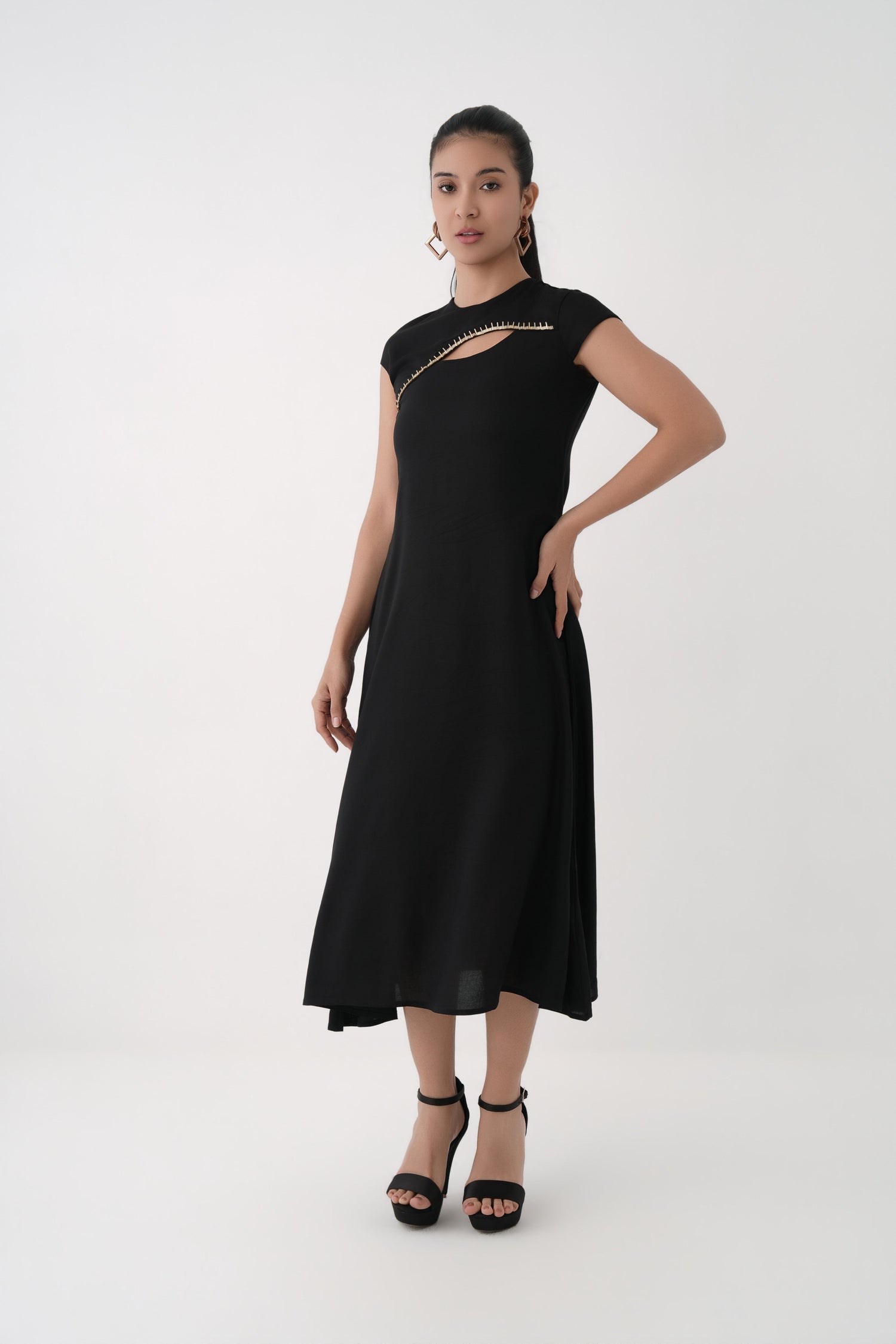 Women Black Asymmetric Panel Modal Maxi Dress with Cap Sleeves  