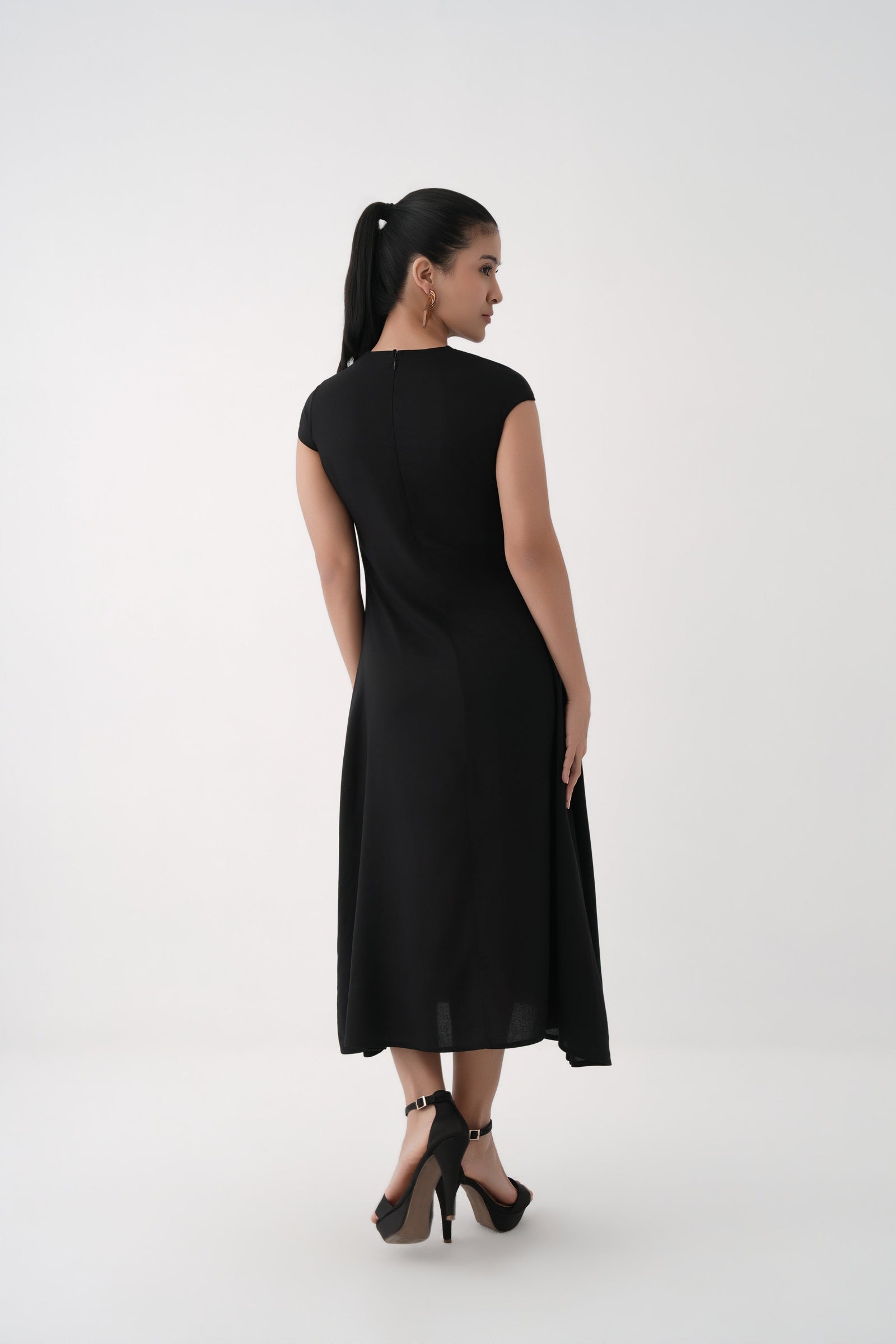 Women Black Asymmetric Panel Modal Maxi Dress with Cap Sleeves  